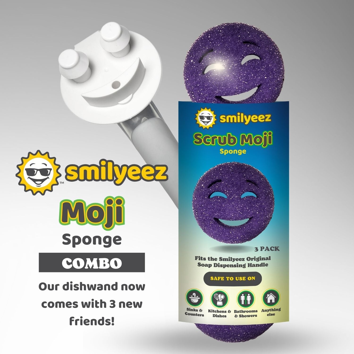 The Original Smiling Handle with Soap Dispensing & 3 Purple Scrub Moji Sponges - Combo