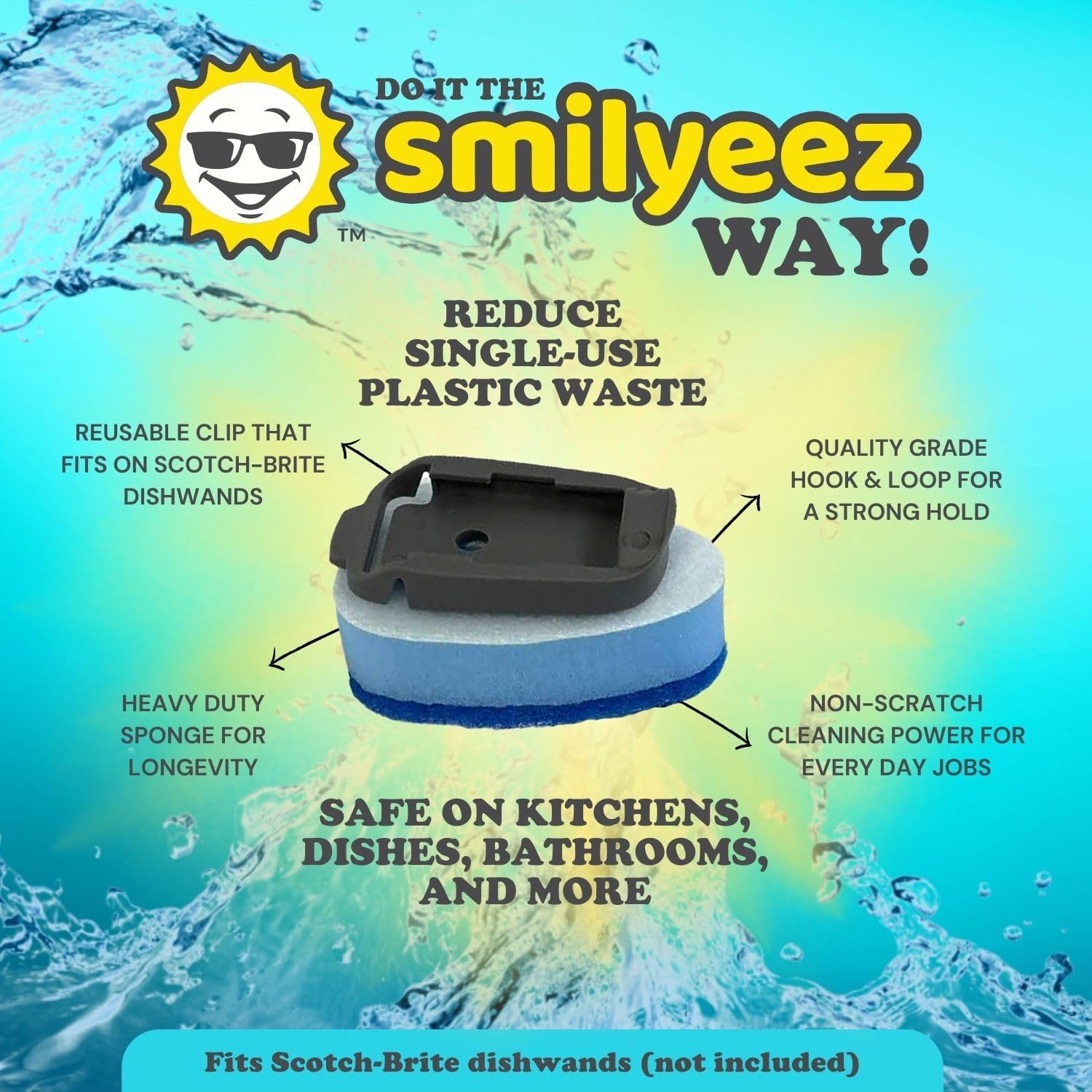 Smilyeez No-Plastic Blue Non-Scratch Sponge Refill for Scotch-Brite's Dishwand Refill 10 Pack with Adapter 3