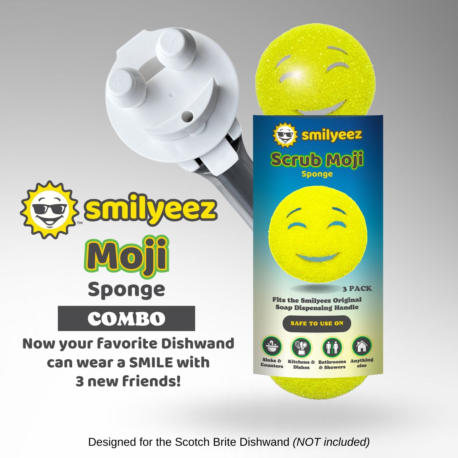 Smile Head for the Scotch Brite Dishwand and 3 Yellow Scrub Moji Sponges