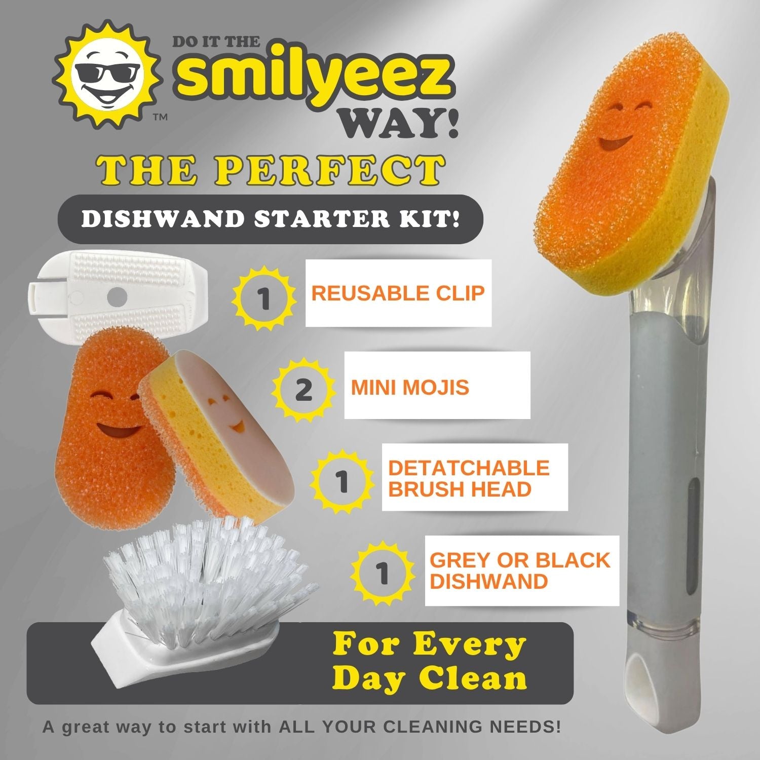 Smilyeez Soap Dispensing Dishwand with (1) Sponge Clip, (2) Mini Moji Sponges, (1) Scrub Brush