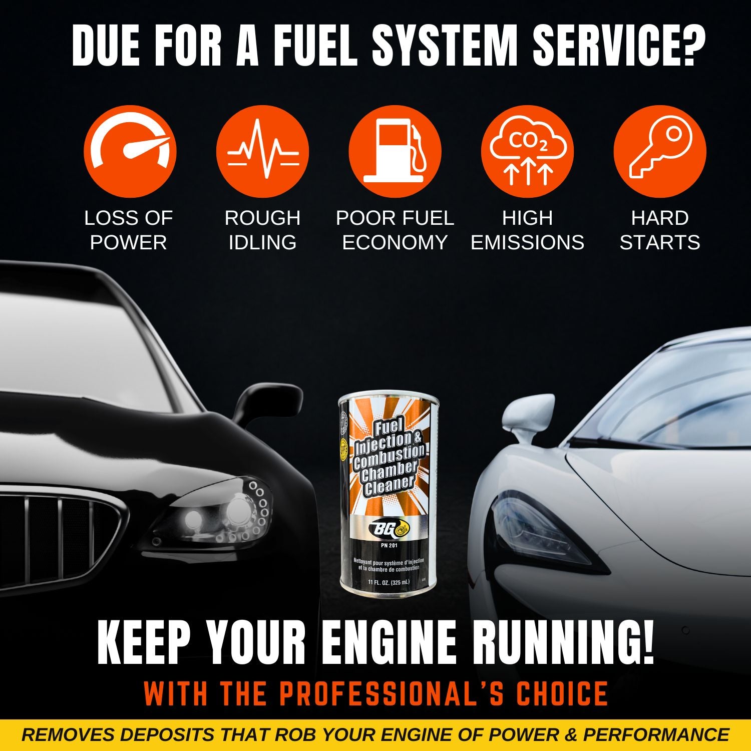 Advertisement for a fuel system cleaner with car images and text on a black background. BG PN 201 Fuel Injection and Combustion Chamber Cleaner