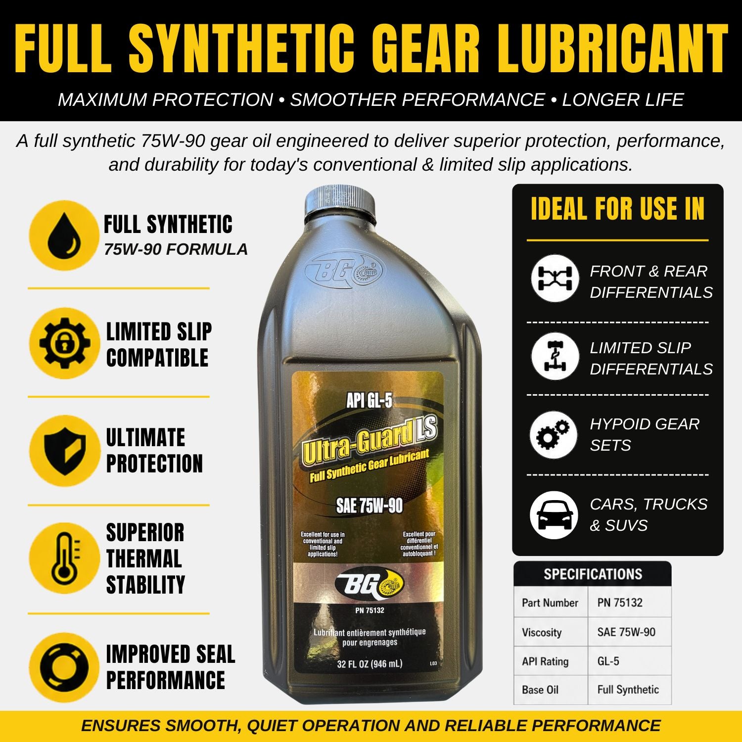 BG Ultra-Guard LS Full Synthetic Gear Lubricant SAE 75W-90 PN 75132 with Pocket Screwdriver