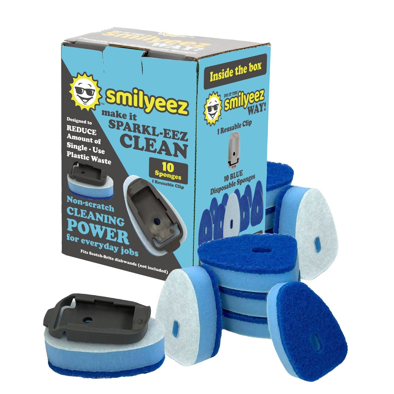 Smilyeez No-Plastic Blue Non-Scratch Sponge Refill for Scotch-Brite's Dishwand Refill 10 Pack with Adapter