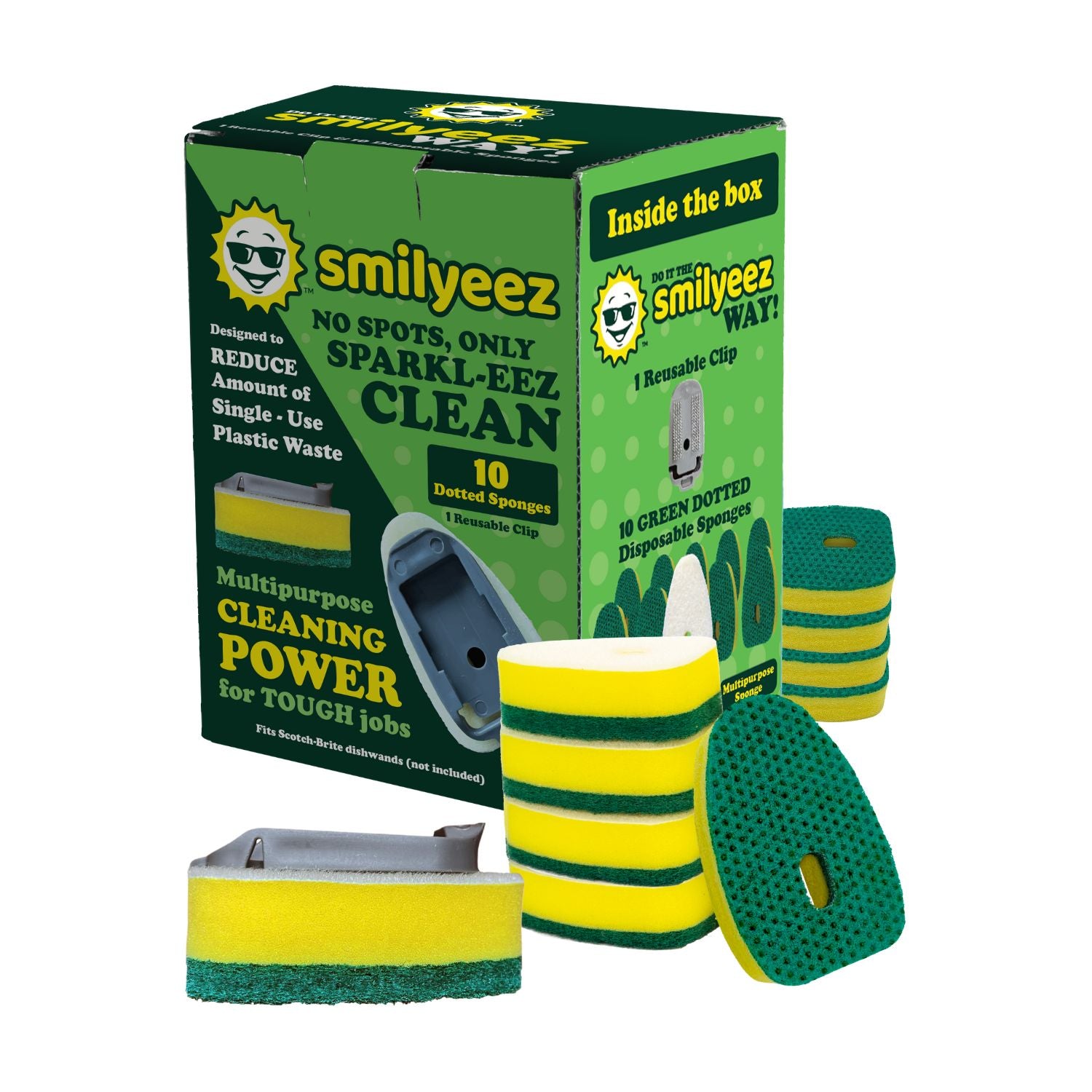 Smilyeez No-Plastic Green Heavy Duty Dotted Sponge Refill for Scotch-Brite's Dishwand (10 Pack) with Adapter