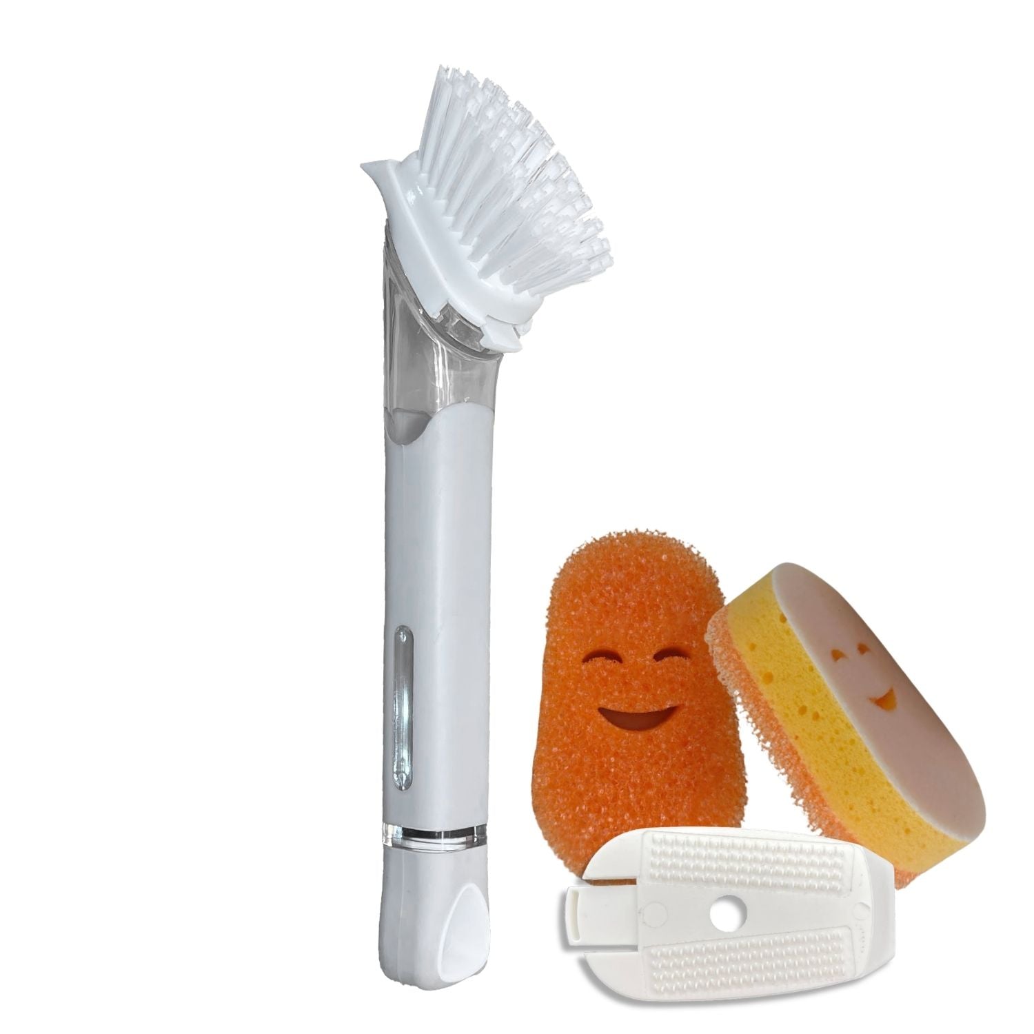 Smilyeez Soap Dispensing Dishwand with (1) Sponge Clip, (2) Mini Moji Sponges, (1) Scrub Brush