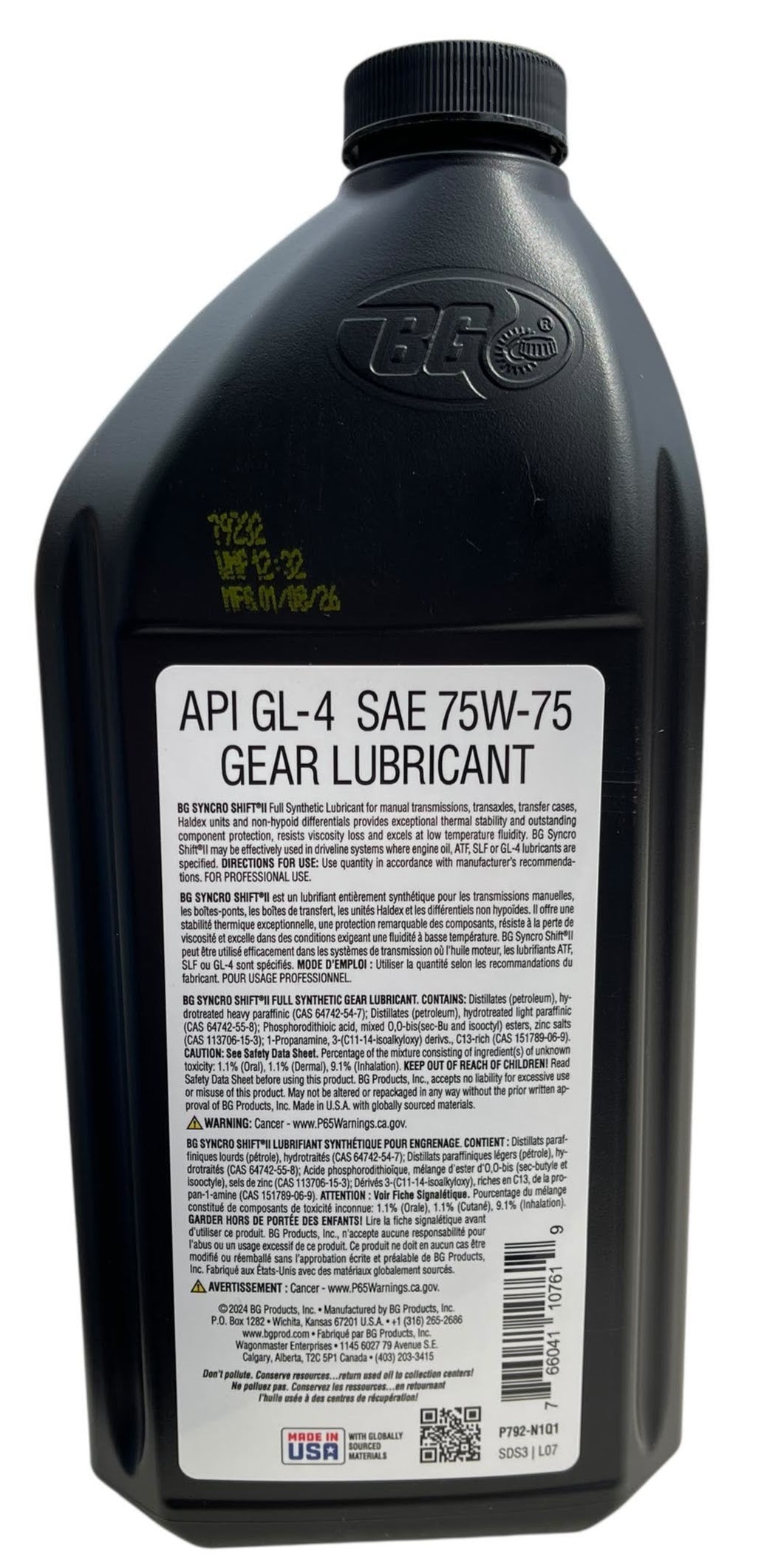 BG Syncro Shift II PN 792 Synthetic Gear Lubricant - Fluid for Manual Transmissions and Trans-Axle