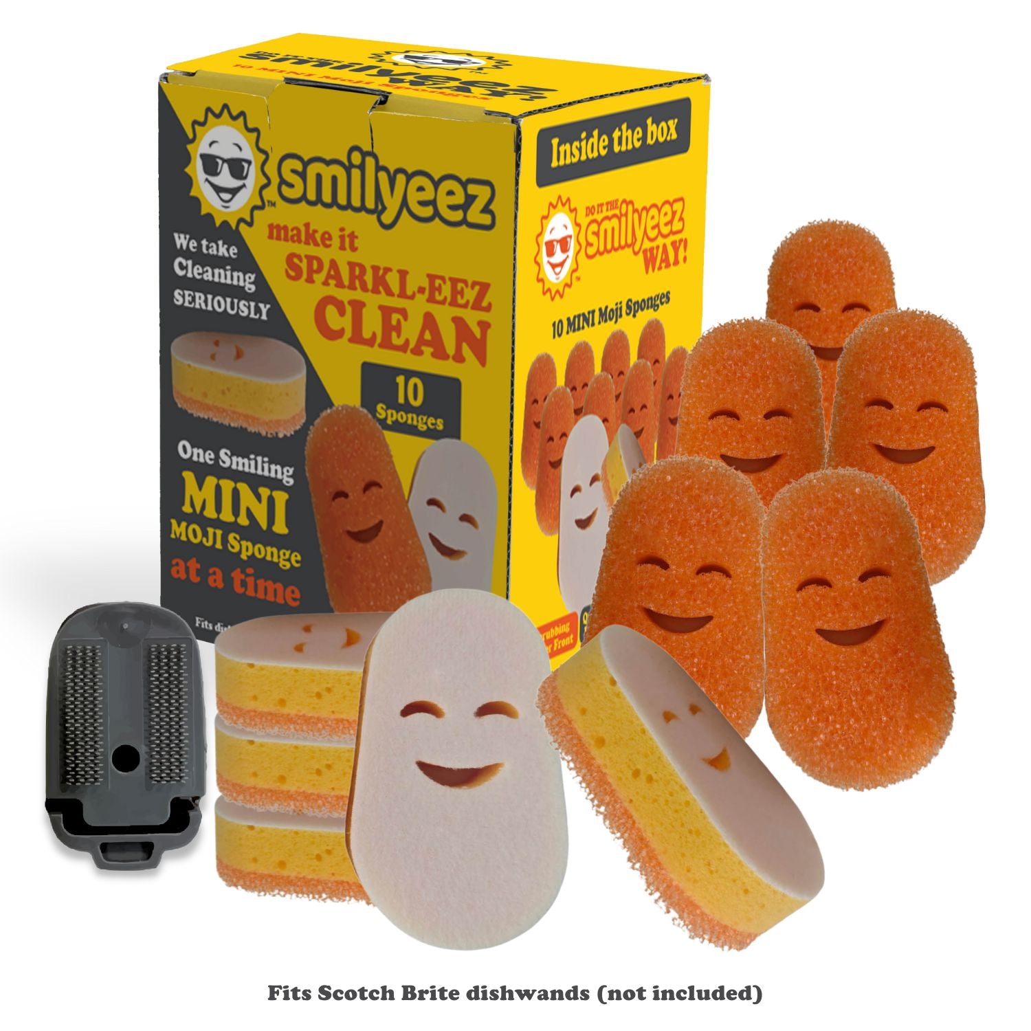 Smileyeez mini moji refill sponges for Scotch-Brite Dishwand with a reusable clip on a white background.