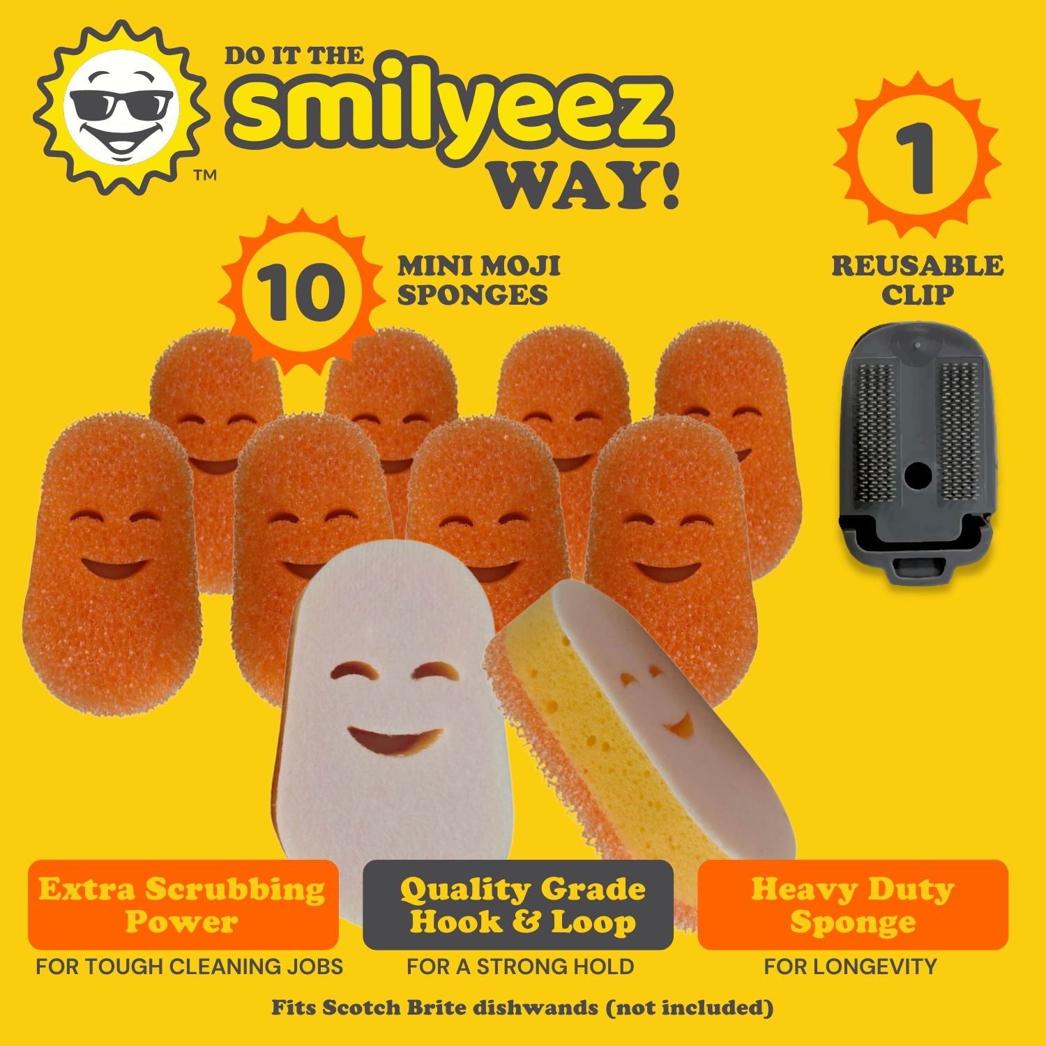 Smileyeez mini moji refill sponges for Scotch-Brite Dishwand with a reusable clip on a yellow background.