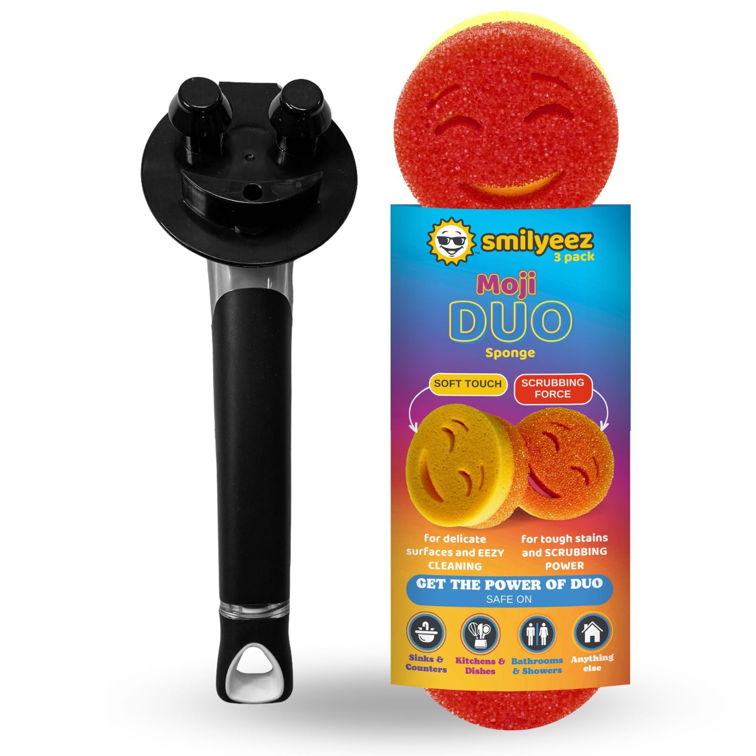 The Original Smiling Handle with Soap Dispensing & 3 Scrub Moji DUO Sponges - Combo