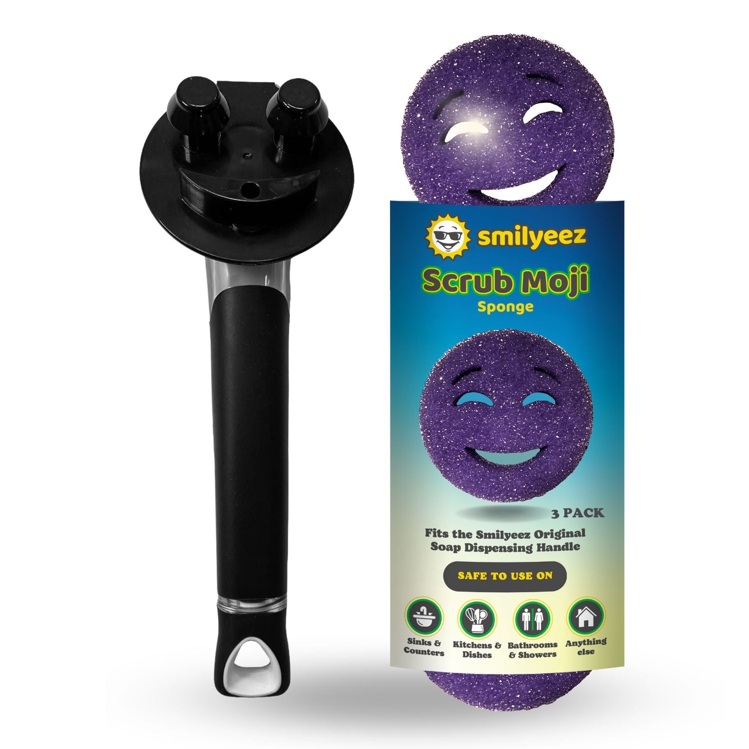 The Original Smiling Handle with Soap Dispensing & 3 Purple Scrub Moji Sponges - Combo
