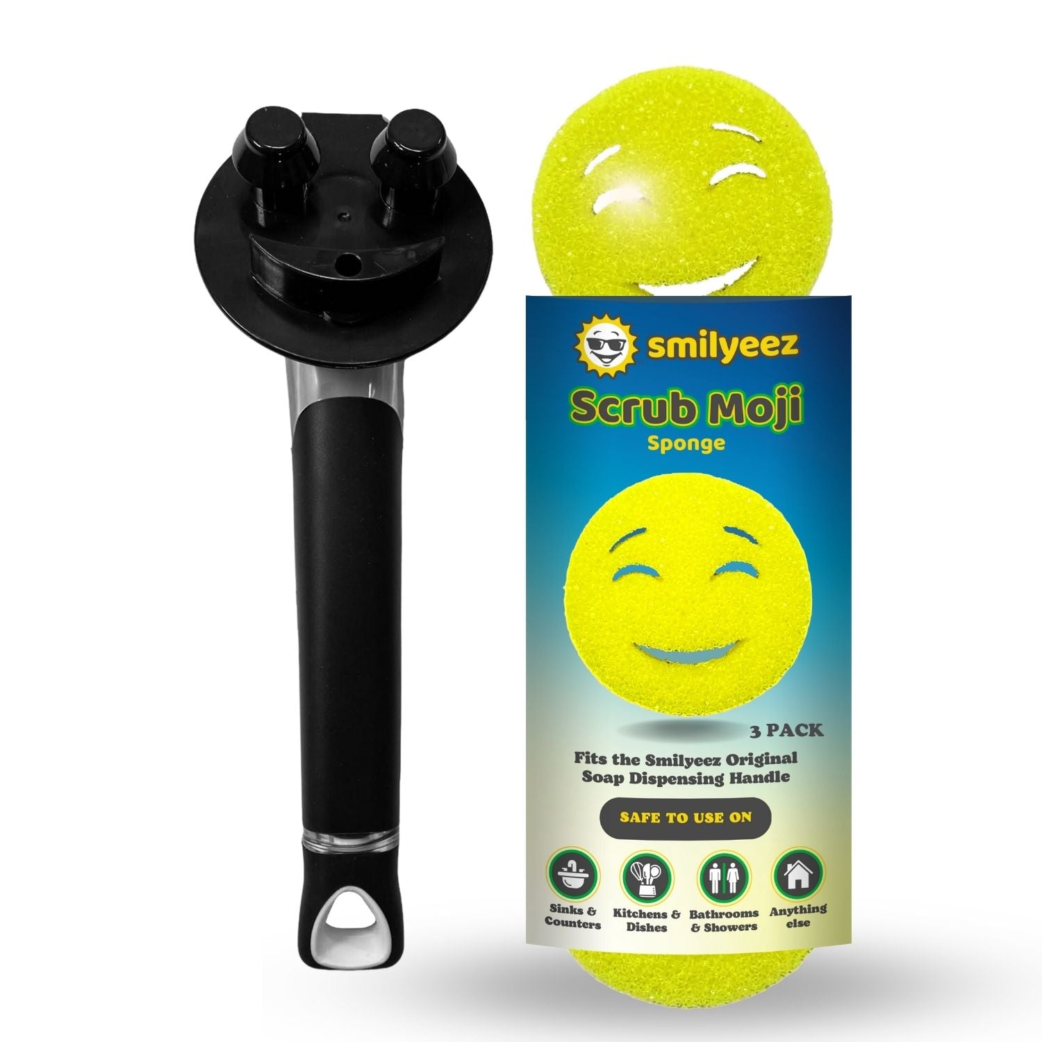 The Original Smiling Handle with Soap Dispensing & 3 Yellow Scrub Moji Sponges - Combo