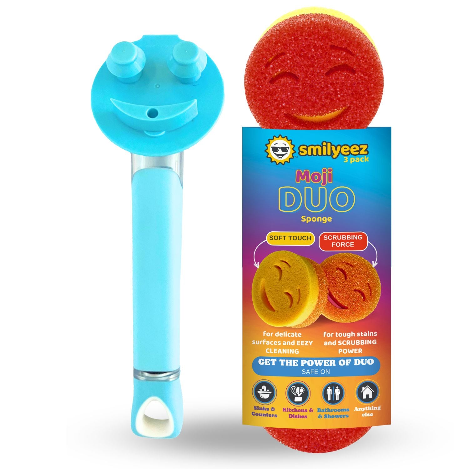 The Original Smiling Handle with Soap Dispensing & 3 Scrub Moji DUO Sponges - Combo