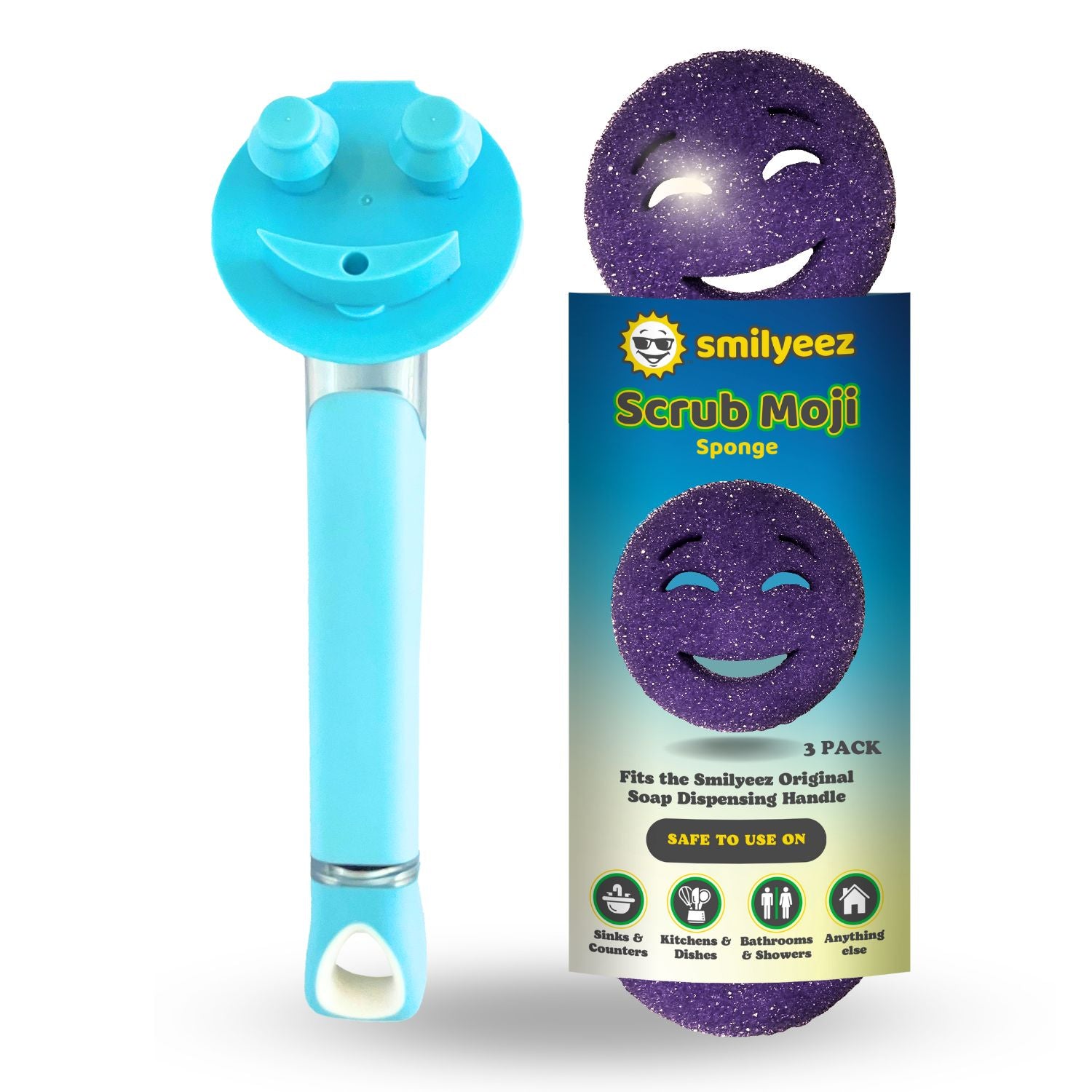 The Original Smiling Handle with Soap Dispensing & 3 Purple Scrub Moji Sponges - Combo