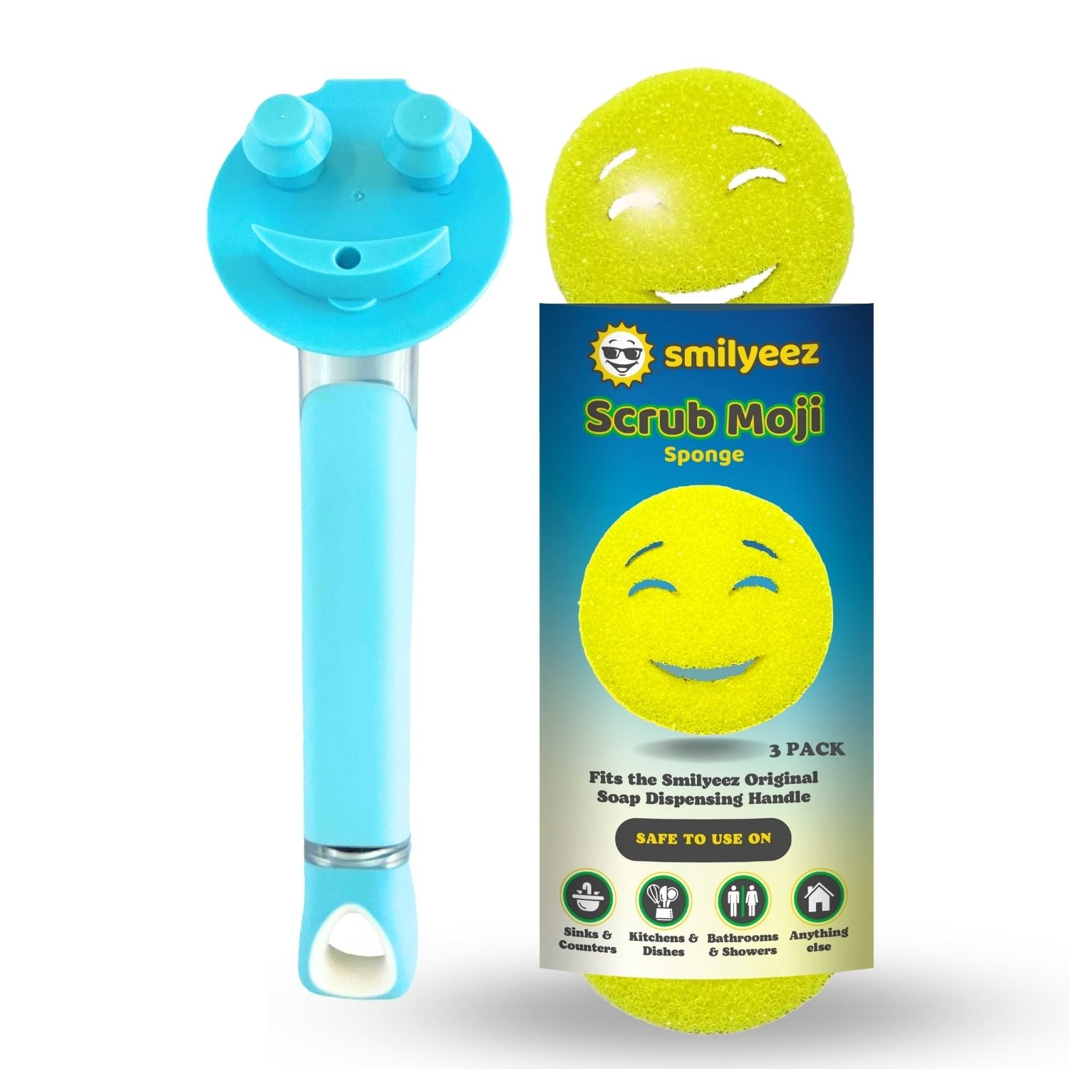 The Original Smiling Handle with Soap Dispensing & 3 Yellow Scrub Moji Sponges - Combo