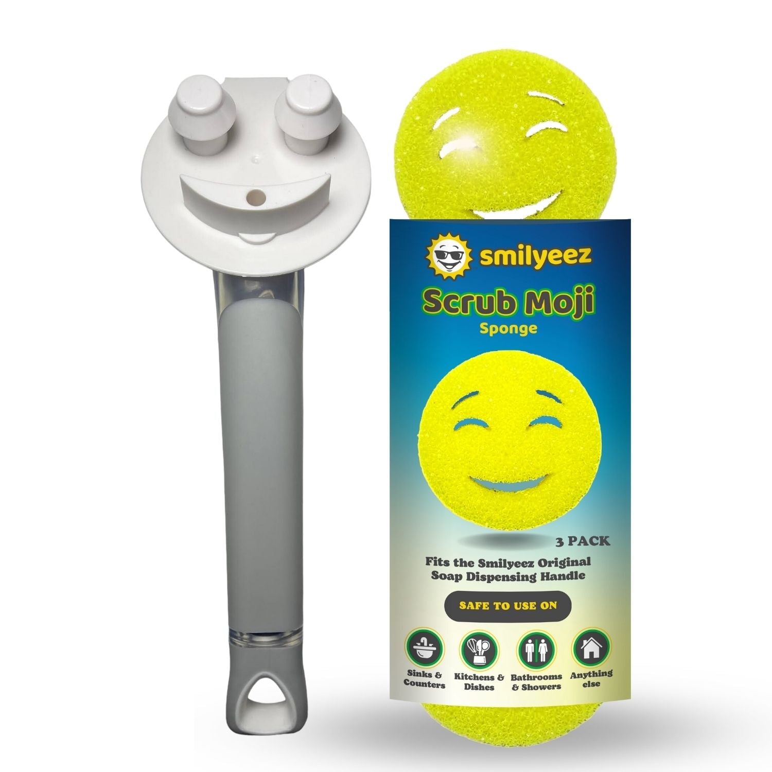The Original Smiling Handle with Soap Dispensing & 3 Yellow Scrub Moji Sponges - Combo