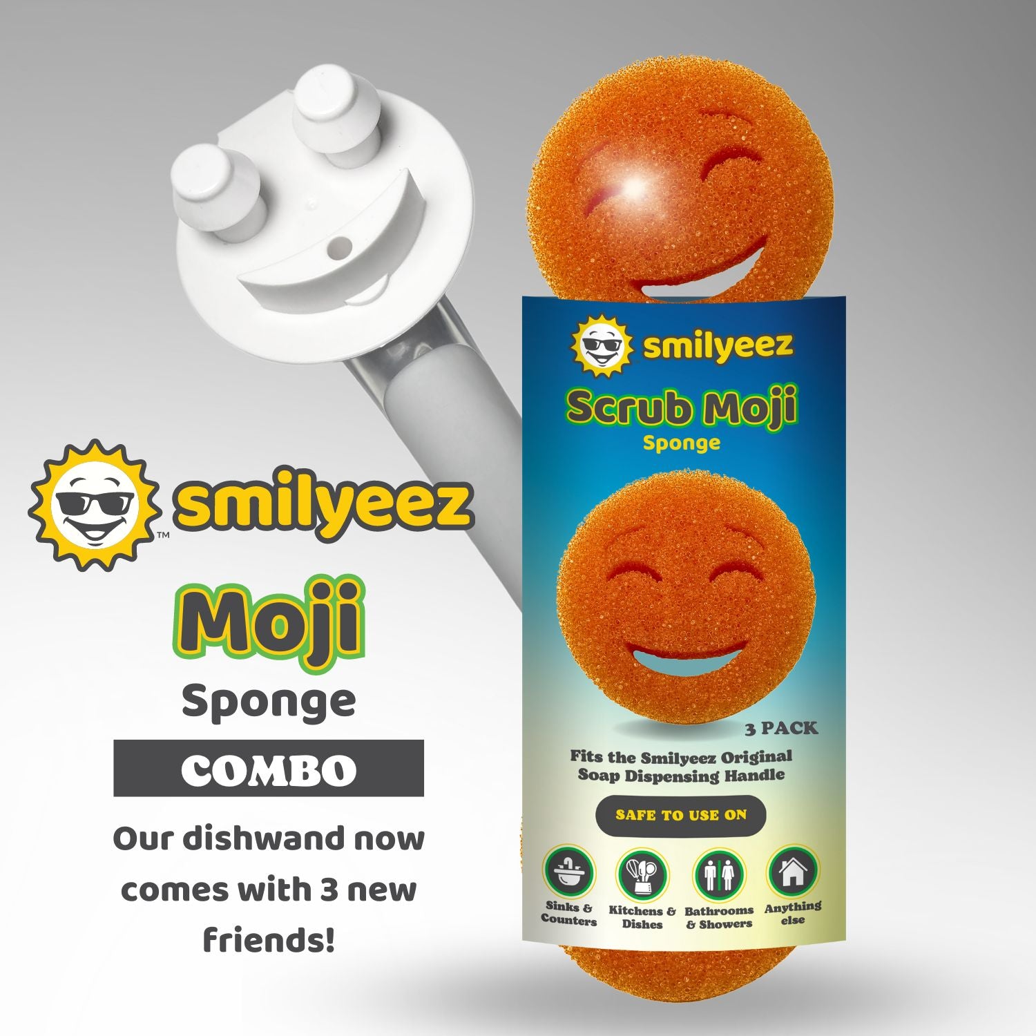 The Original Smiling Handle with Soap Dispensing & 3 Orange Scrub Moji Sponges - Combo