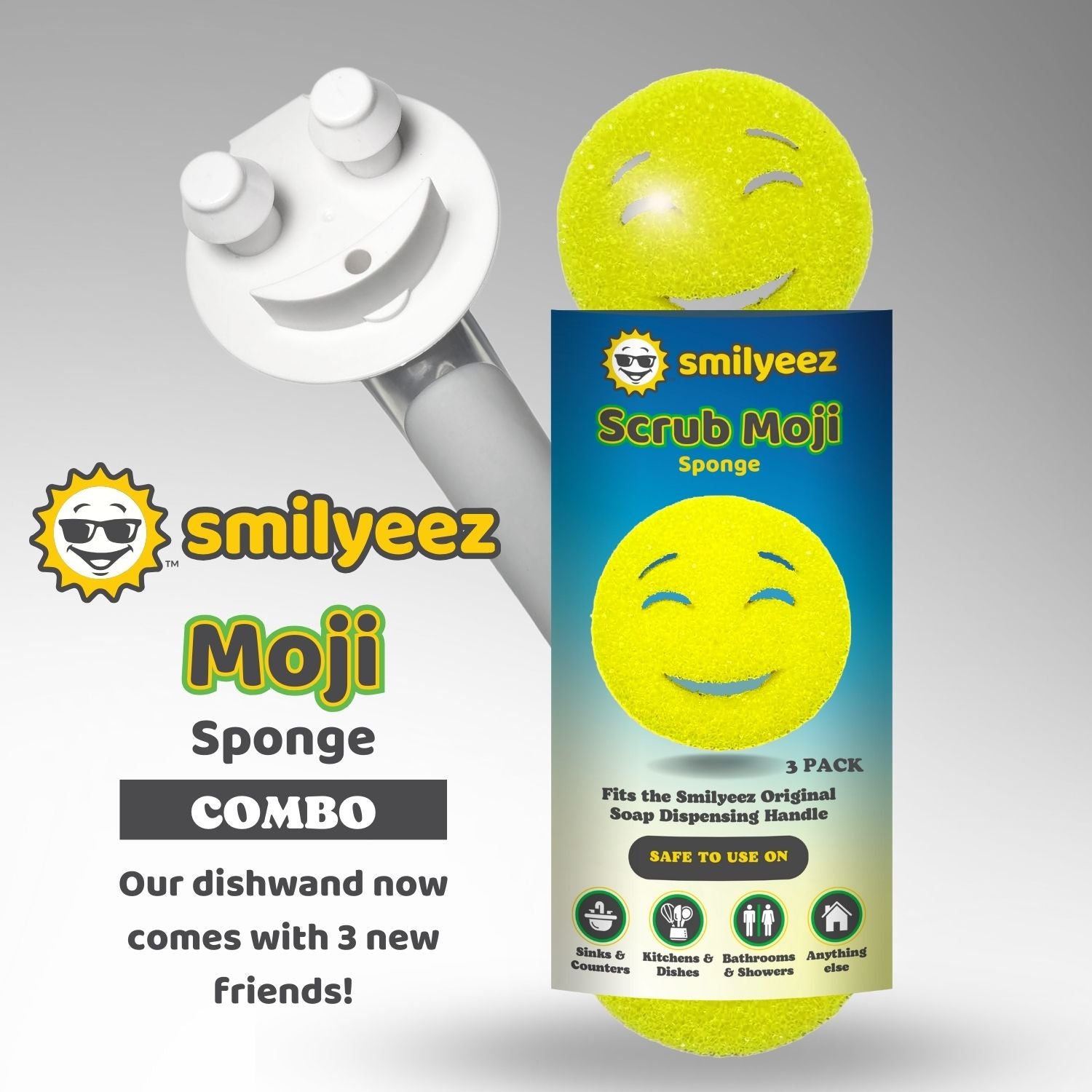 The Original Smiling Handle with Soap Dispensing & 3 Yellow Scrub Moji Sponges - Combo