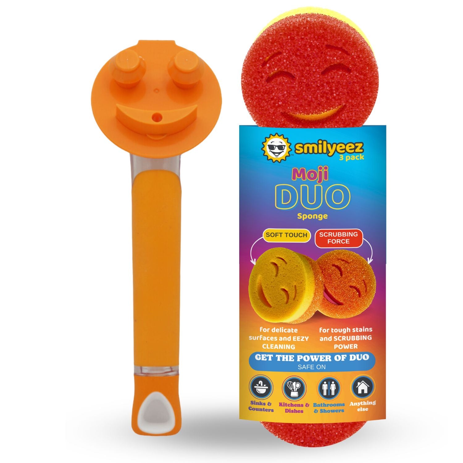 The Original Smiling Handle with Soap Dispensing & 3 Scrub Moji DUO Sponges - Combo