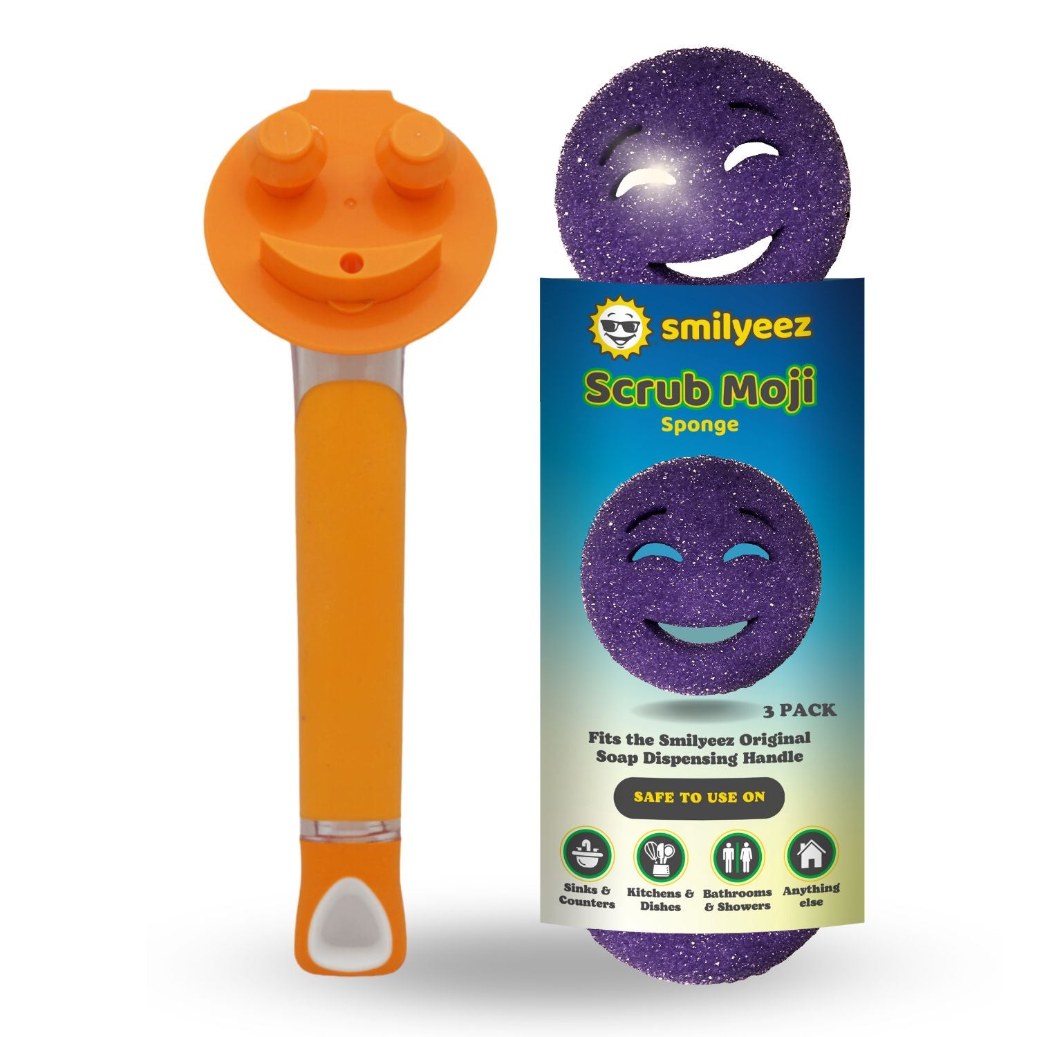 The Original Smiling Handle with Soap Dispensing & 3 Purple Scrub Moji Sponges - Combo