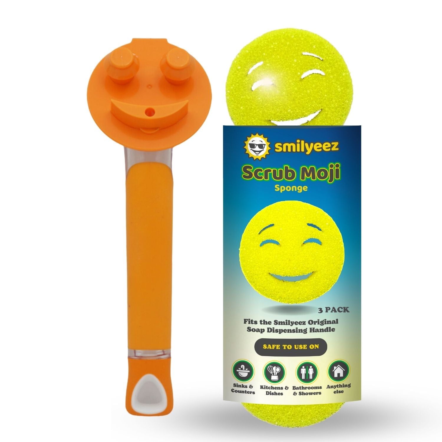 The Original Smiling Handle with Soap Dispensing & 3 Yellow Scrub Moji Sponges - Combo