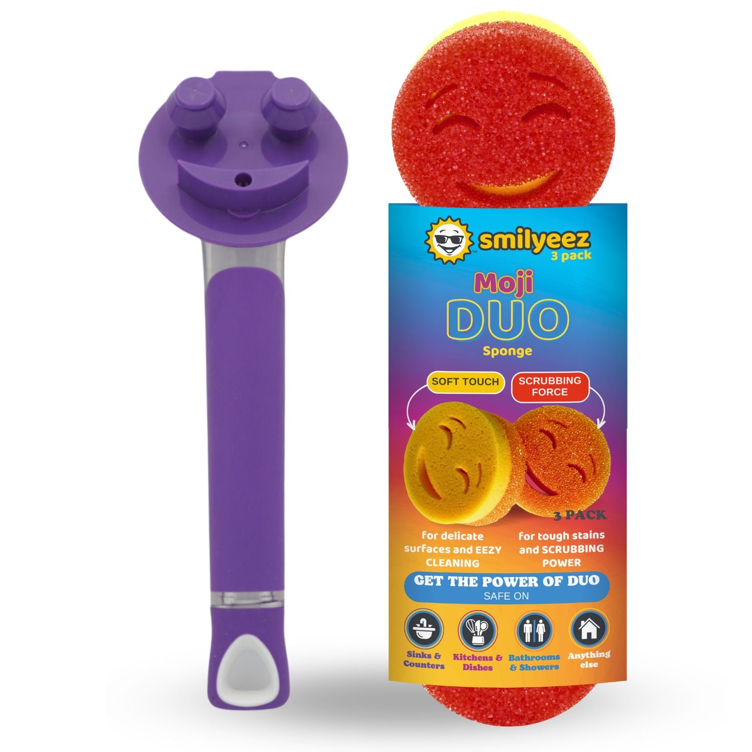 The Original Smiling Handle with Soap Dispensing & 3 Scrub Moji DUO Sponges - Combo