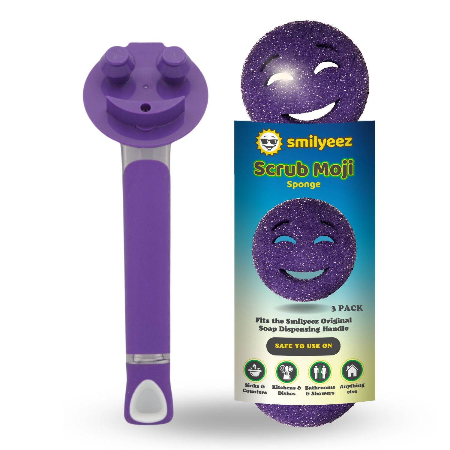 The Original Smiling Handle with Soap Dispensing & 3 Purple Scrub Moji Sponges - Combo