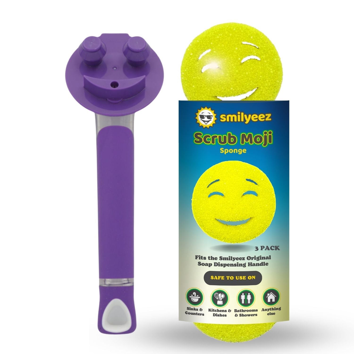 The Original Smiling Handle with Soap Dispensing & 3 Yellow Scrub Moji Sponges - Combo