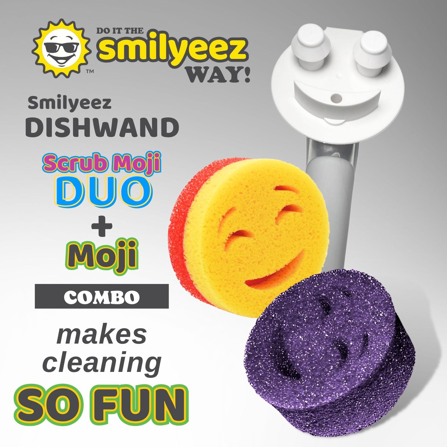 Smilyeez Caddy Kit, Sink Caddy, Smilyeez Smiling Dishwand with Moji and DUO Moji Sponges, and Smilyeez Dishwand with 2 Scrub Brushes