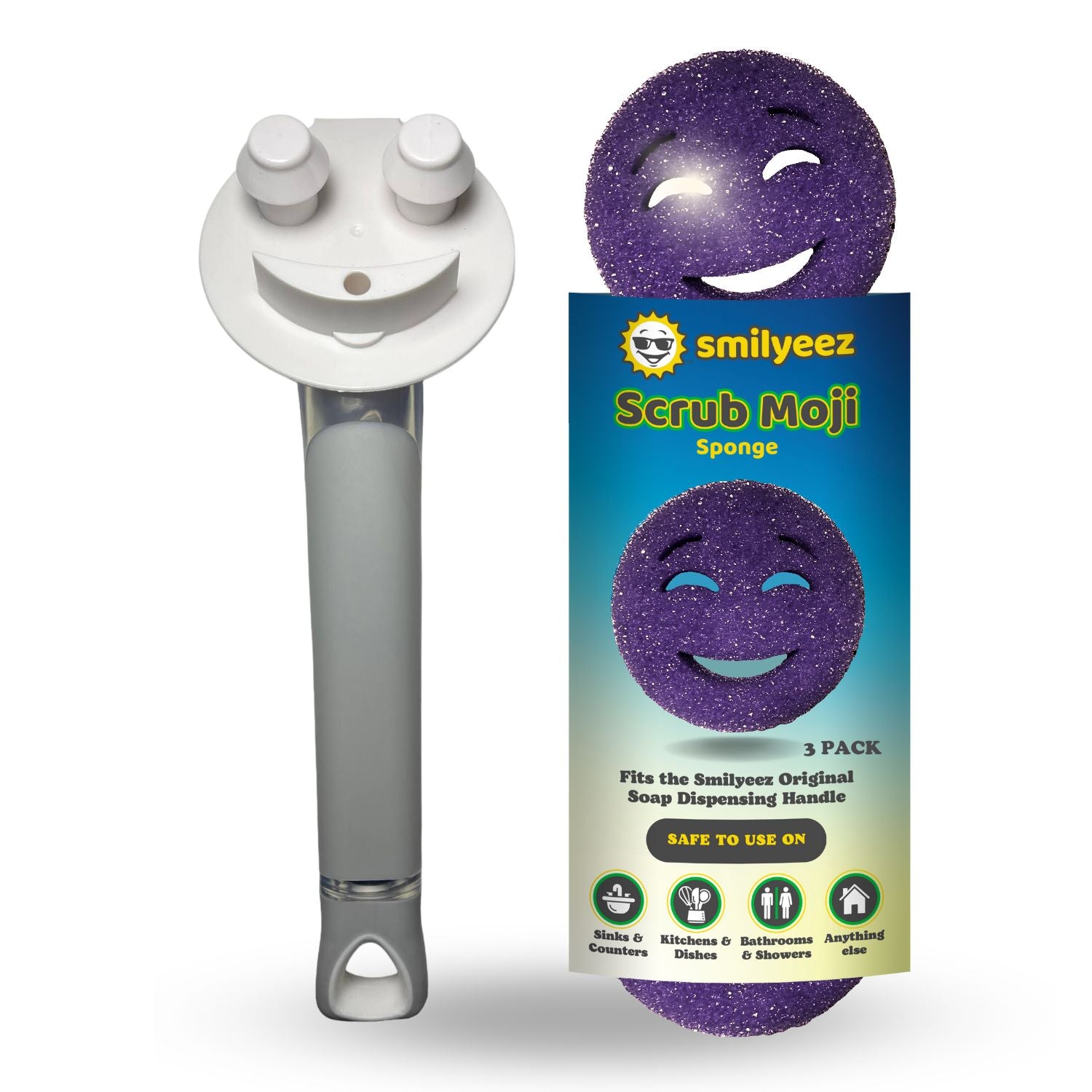 The Original Smiling Handle with Soap Dispensing & 3 Purple Scrub Moji Sponges - Combo