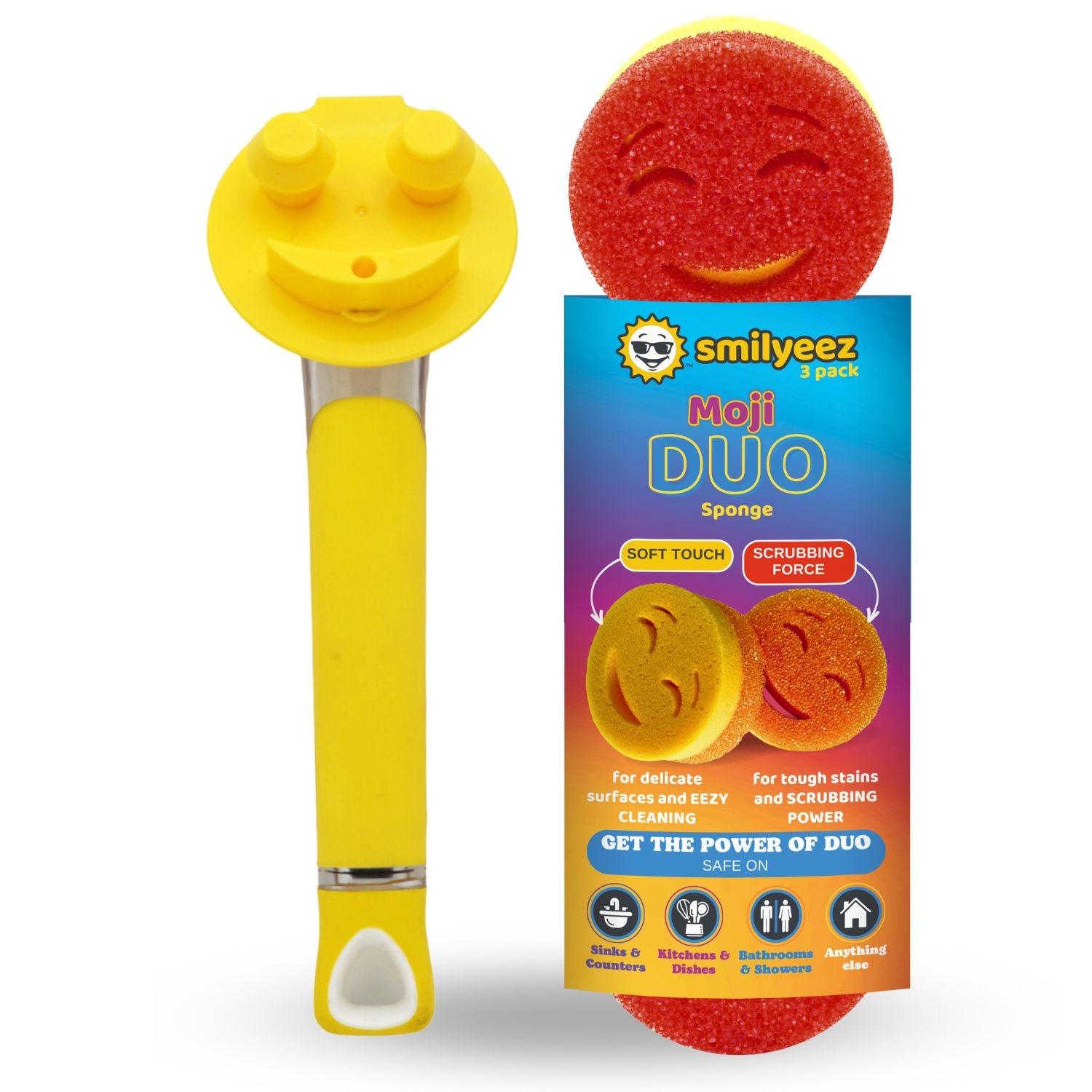 The Original Smiling Handle with Soap Dispensing & 3 Scrub Moji DUO Sponges - Combo