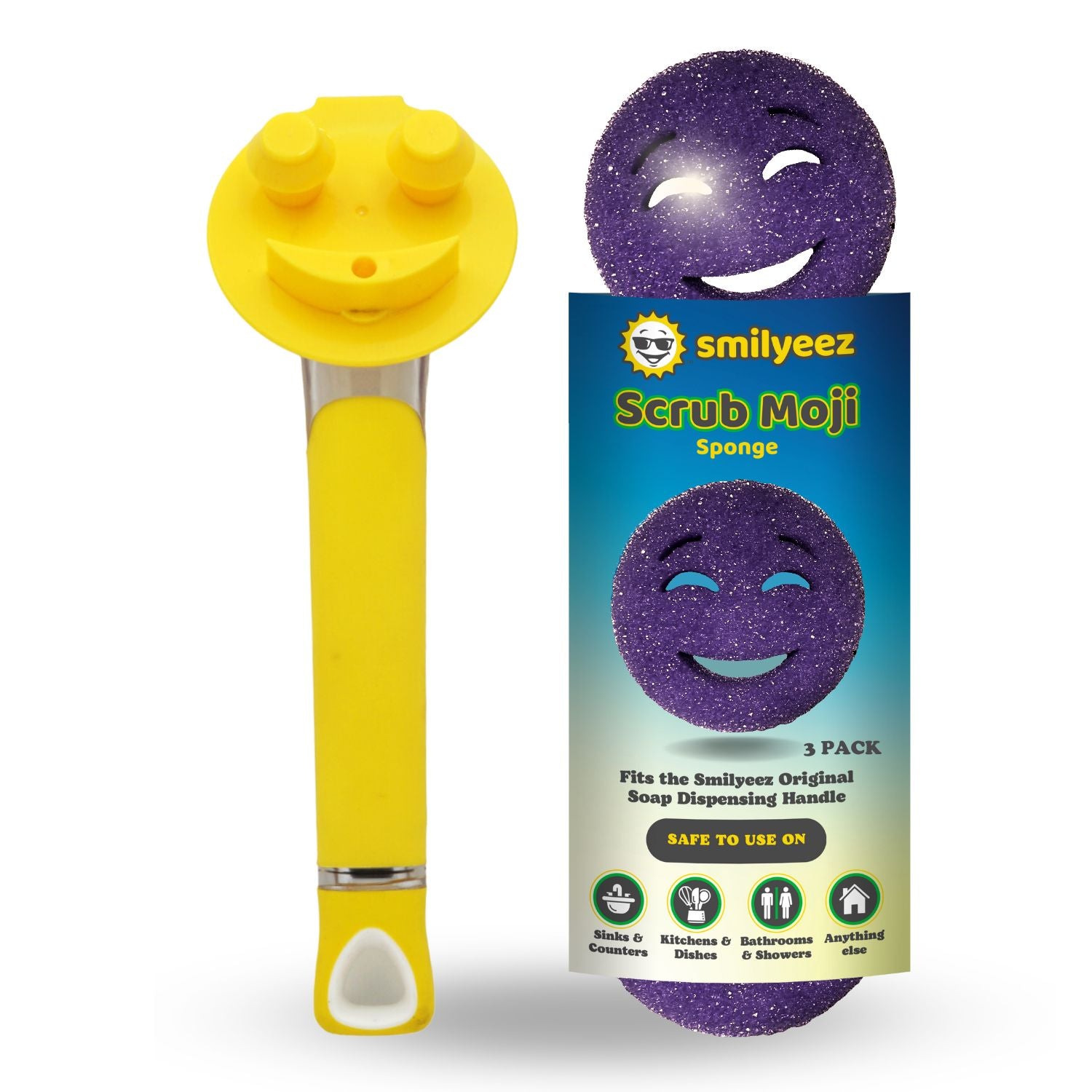The Original Smiling Handle with Soap Dispensing & 3 Purple Scrub Moji Sponges - Combo