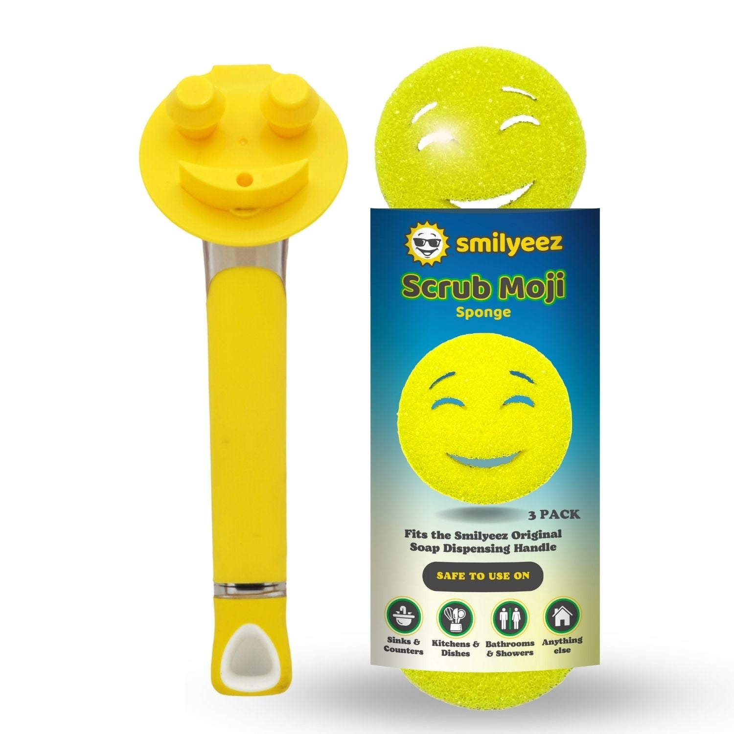 The Original Smiling Handle with Soap Dispensing & 3 Yellow Scrub Moji Sponges - Combo