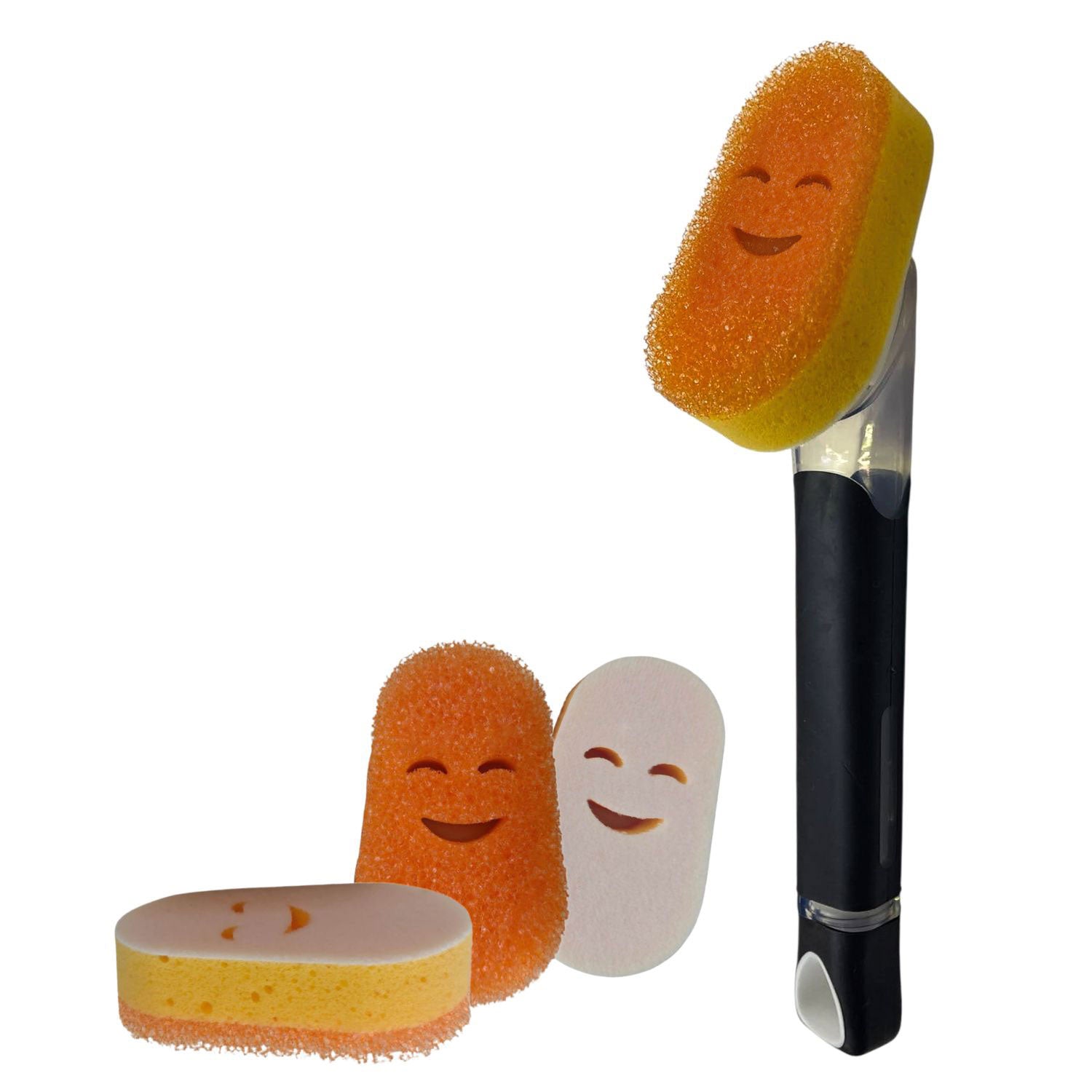 Set of smiley moji face sponges with a black handle on a white background