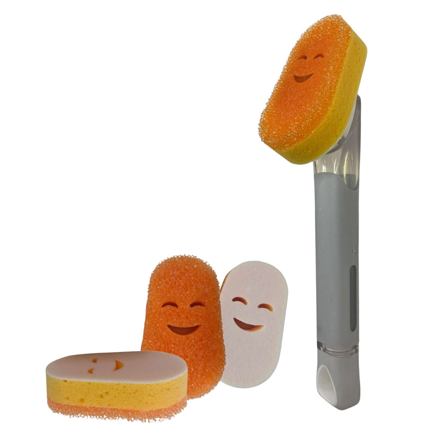 Dishwand with smiley moji face sponges on a white background