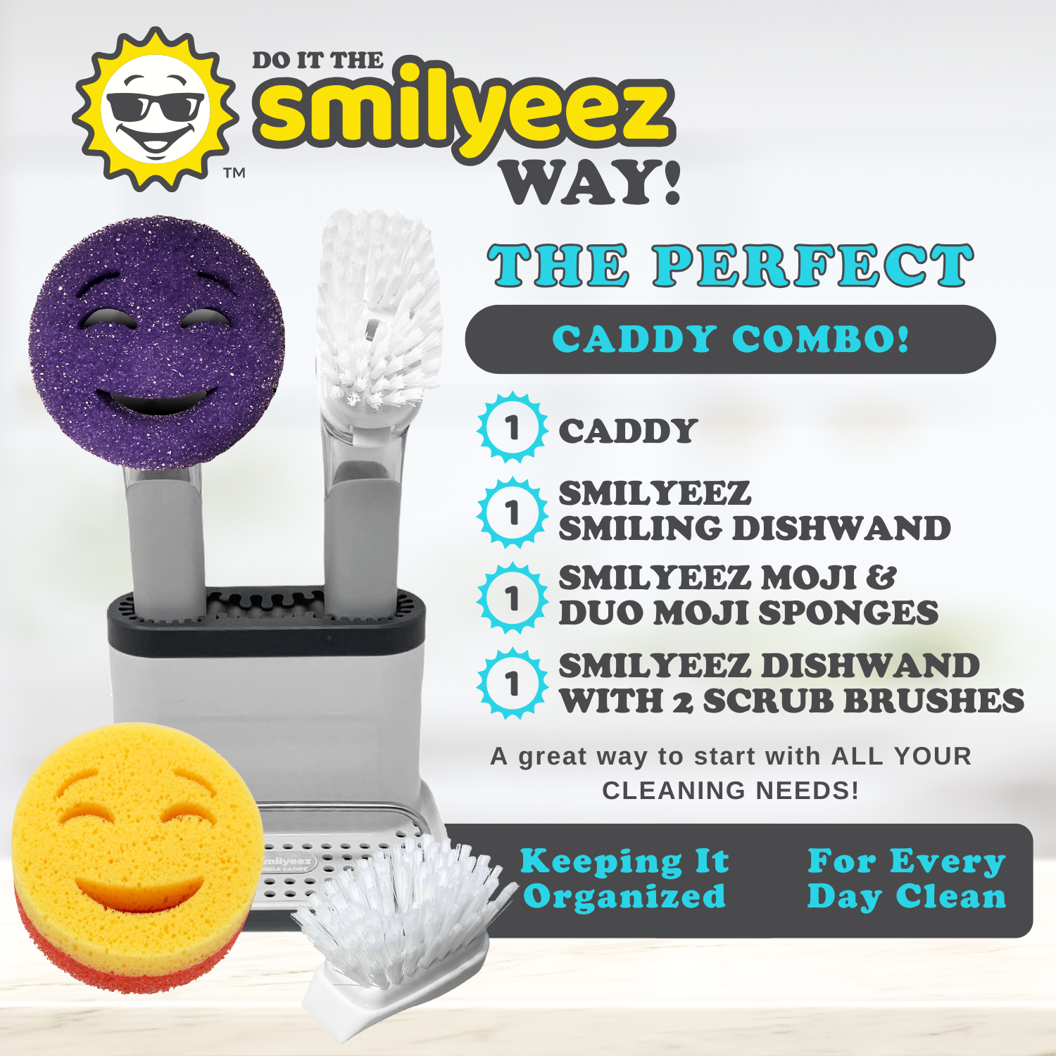 Smilyeez Caddy Kit, Sink Caddy, Smilyeez Smiling Dishwand with Moji and DUO Moji Sponges, and Smilyeez Dishwand with 2 Scrub Brushes