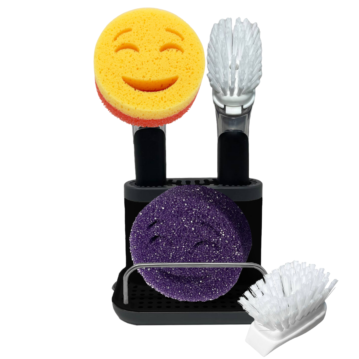 Smilyeez Caddy Kit, Sink Caddy, Smilyeez Smiling Dishwand with Moji and DUO Moji Sponges, and Smilyeez Dishwand with 2 Scrub Brushes