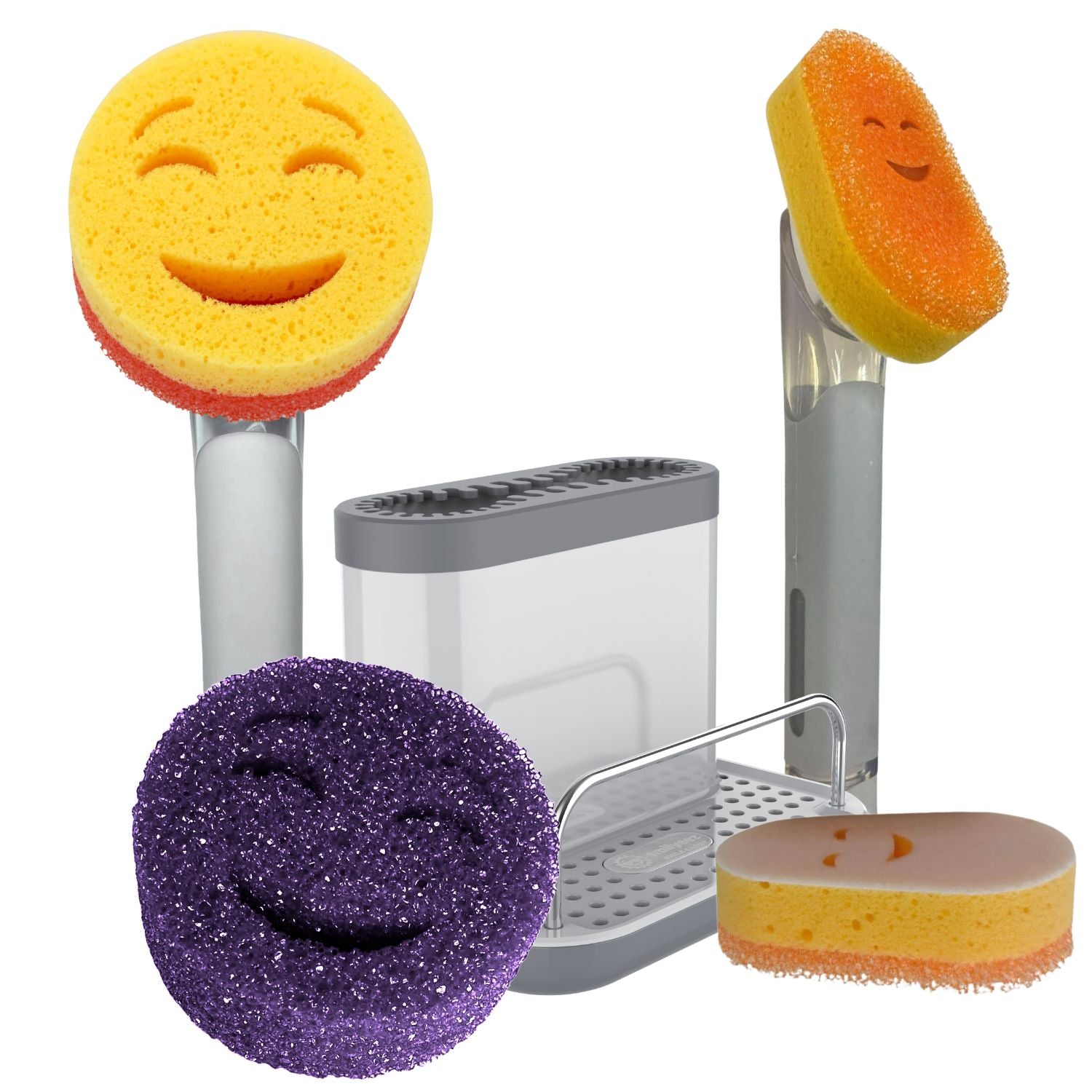 Smilyeez Caddy Combo, Sink Caddy, Smilyeez Smiling Dishwand with Moji Sponge, Duo Moji Sponge, Smilyeez Dishwand with 2 Mini Moji Sponges