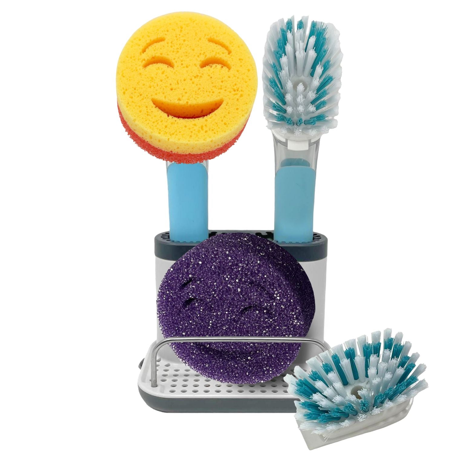 Smilyeez Caddy Kit, Sink Caddy, Smilyeez Smiling Dishwand with Moji and DUO Moji Sponges, and Smilyeez Dishwand with 2 Scrub Brushes