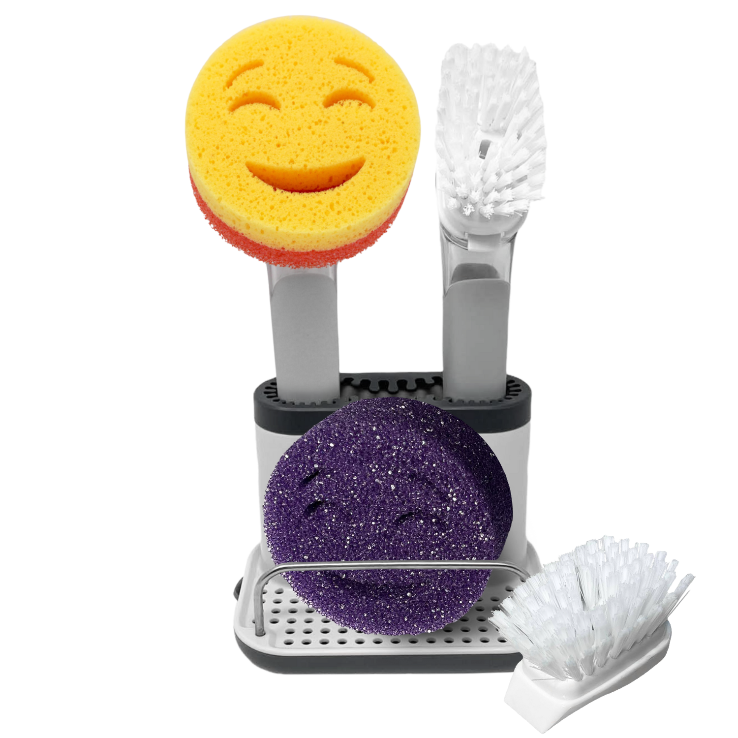 Smilyeez Caddy Kit, Sink Caddy, Smilyeez Smiling Dishwand with Moji and DUO Moji Sponges, and Smilyeez Dishwand with 2 Scrub Brushes