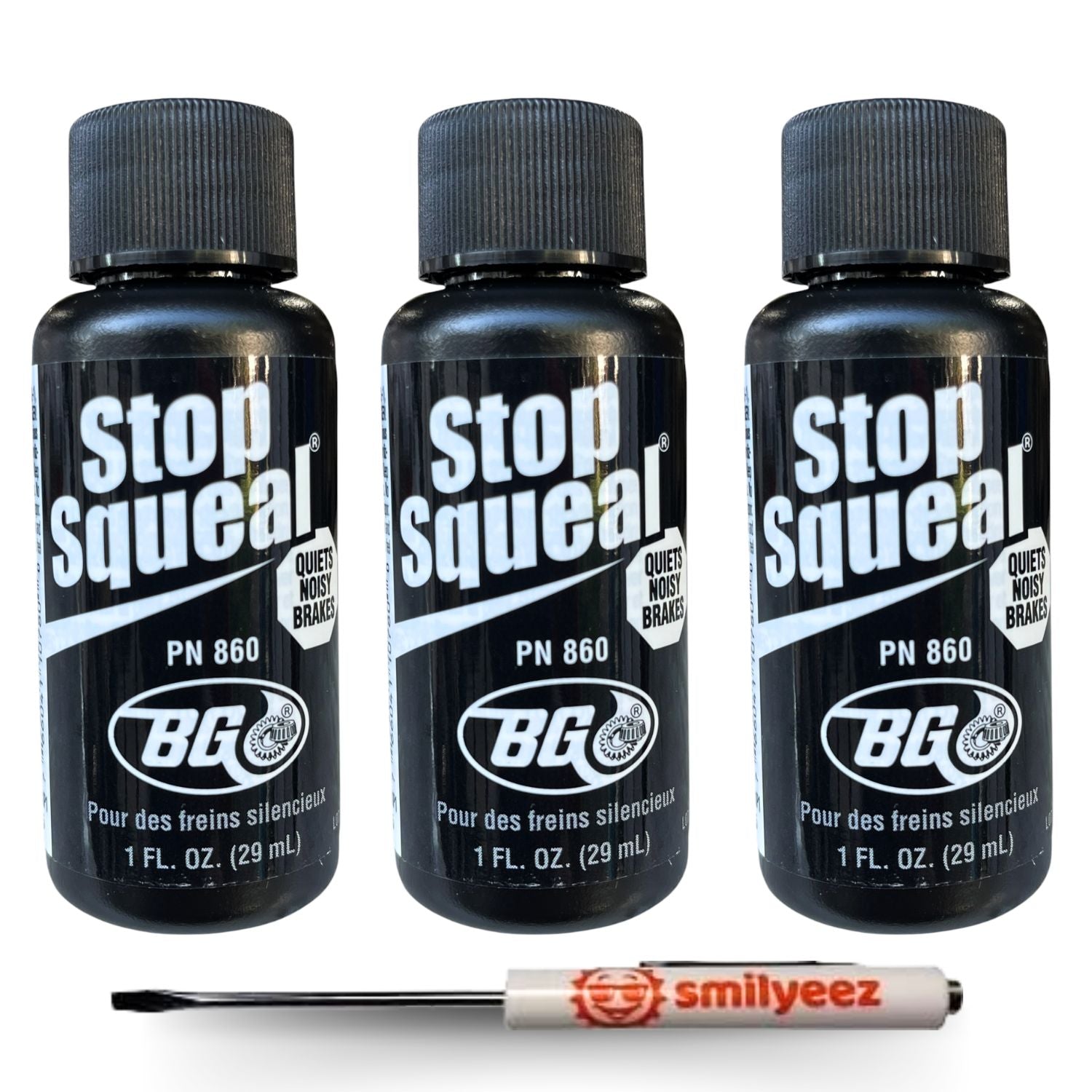 BG Stop Squeal - PN 860, (3) 1 Oz Bottles with a Smilyeez Pocket Screwdriver