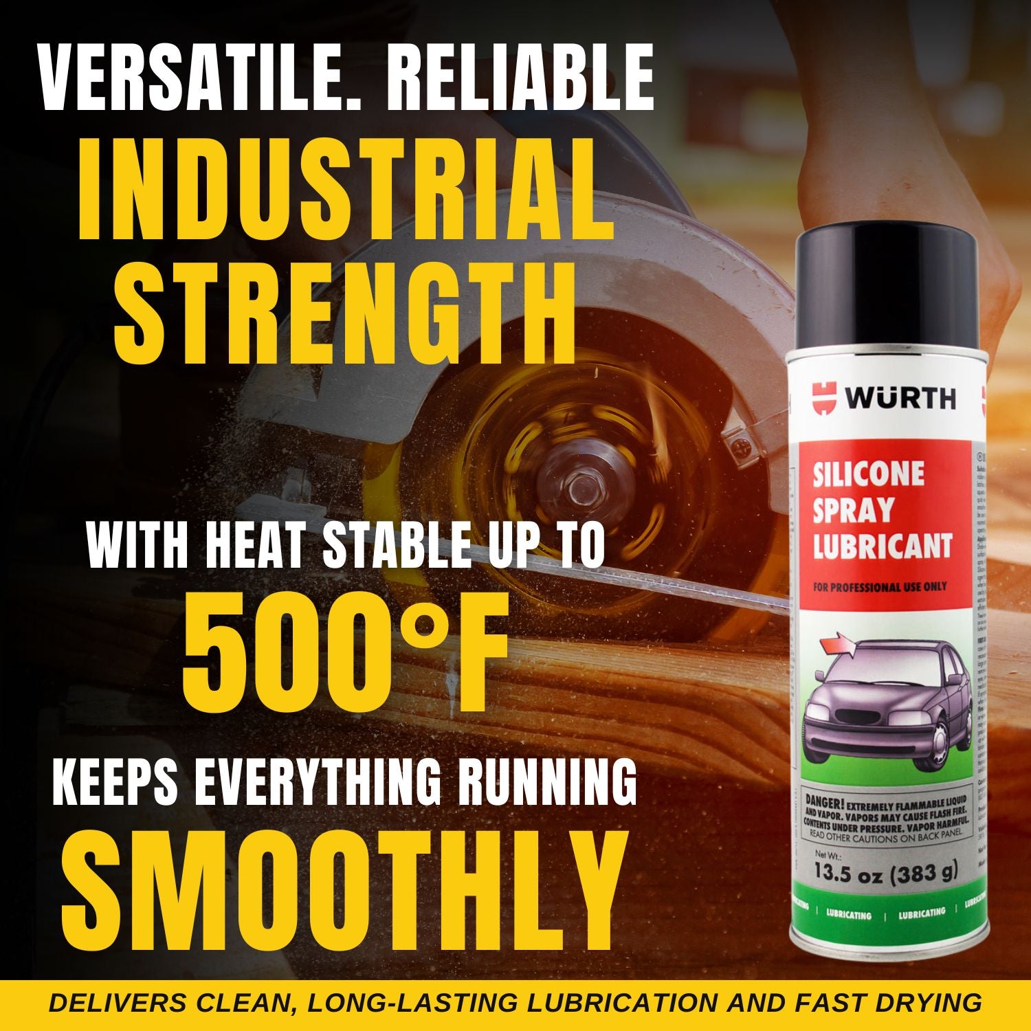 Wurth silicone spray lubricant with text highlighting its properties on a blurred industrial background.