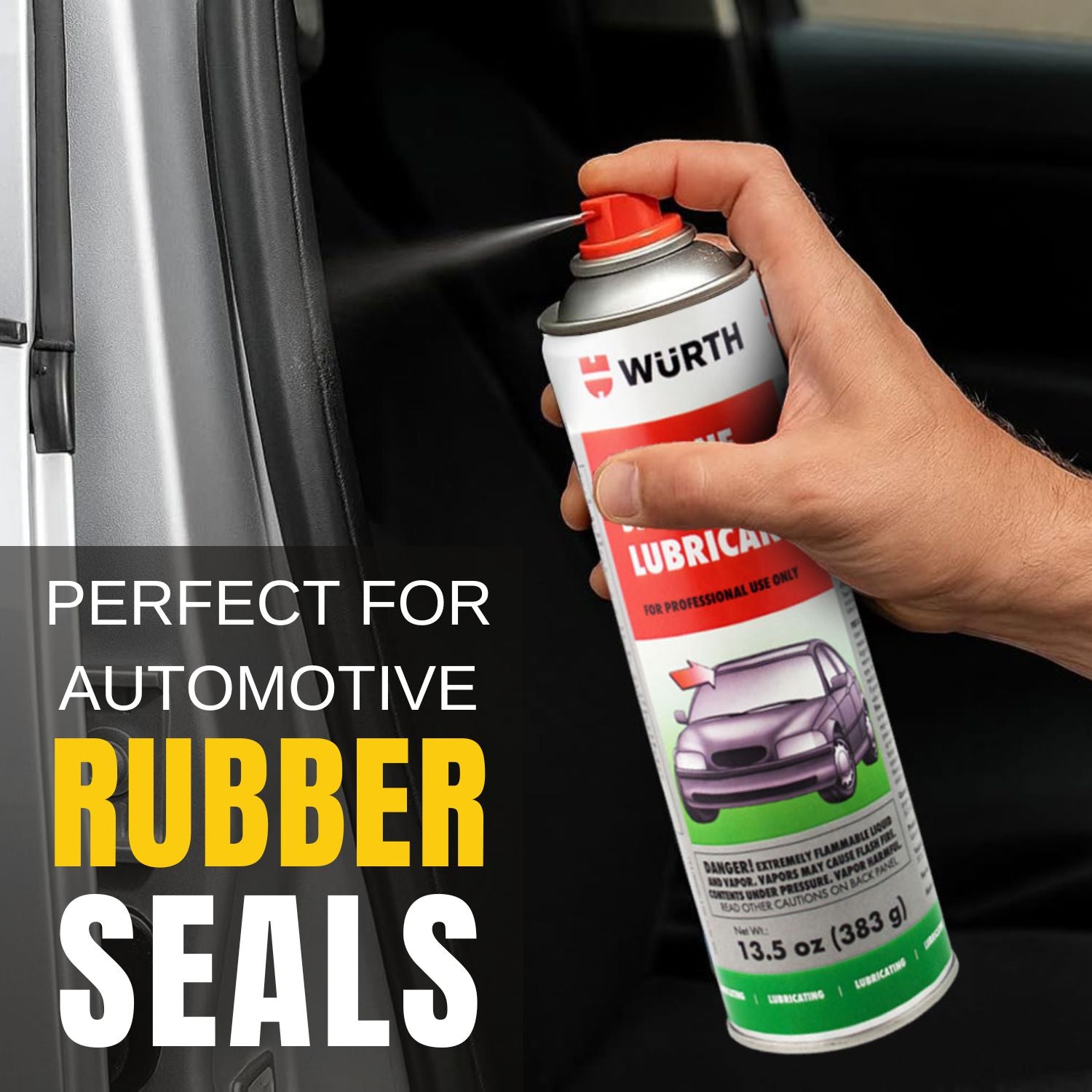 Hand holding a Wurth lubricant can near a car door, with text about automotive rubber seals.
