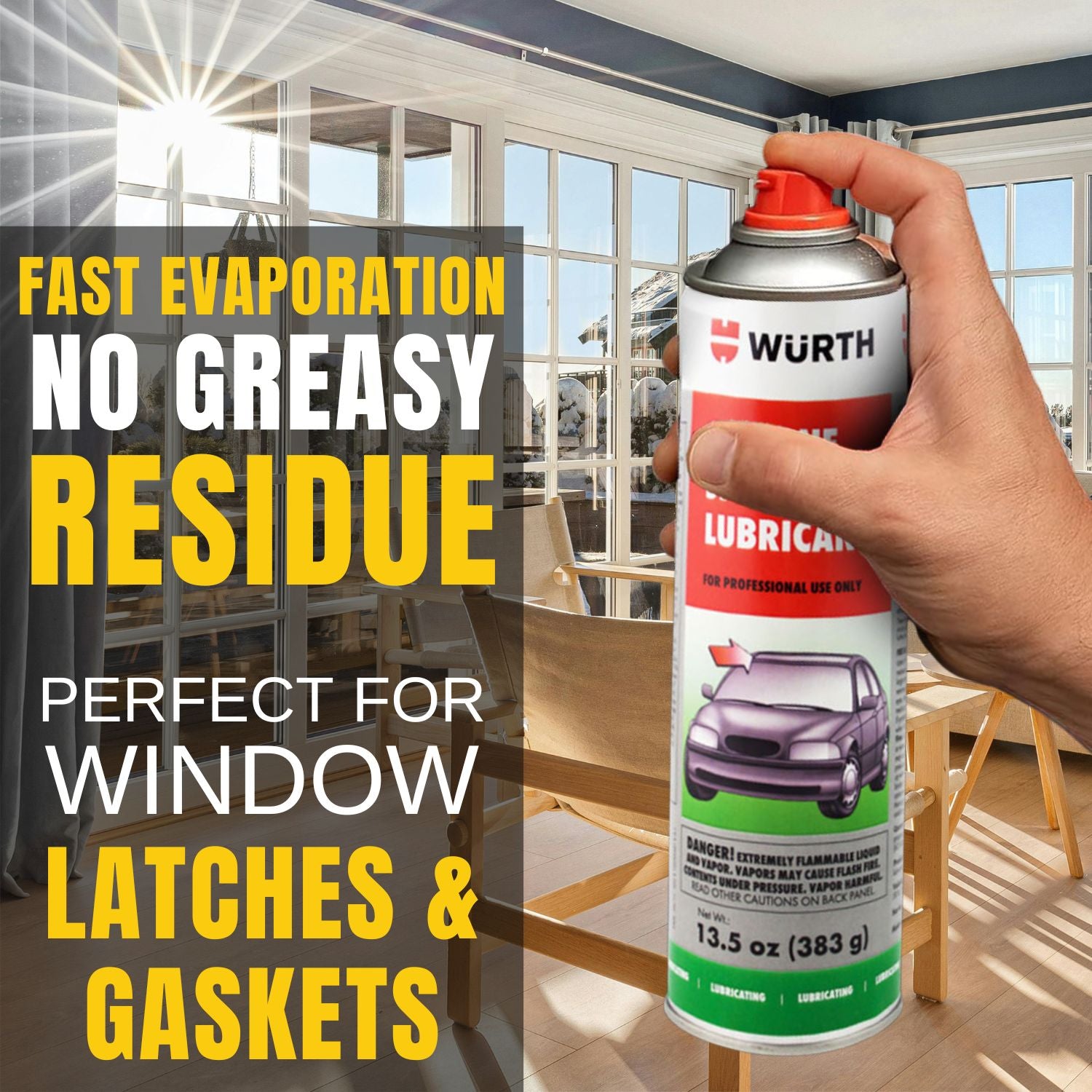 Hand holding a Wurth lubricant can with text about its properties in a room with large windows.