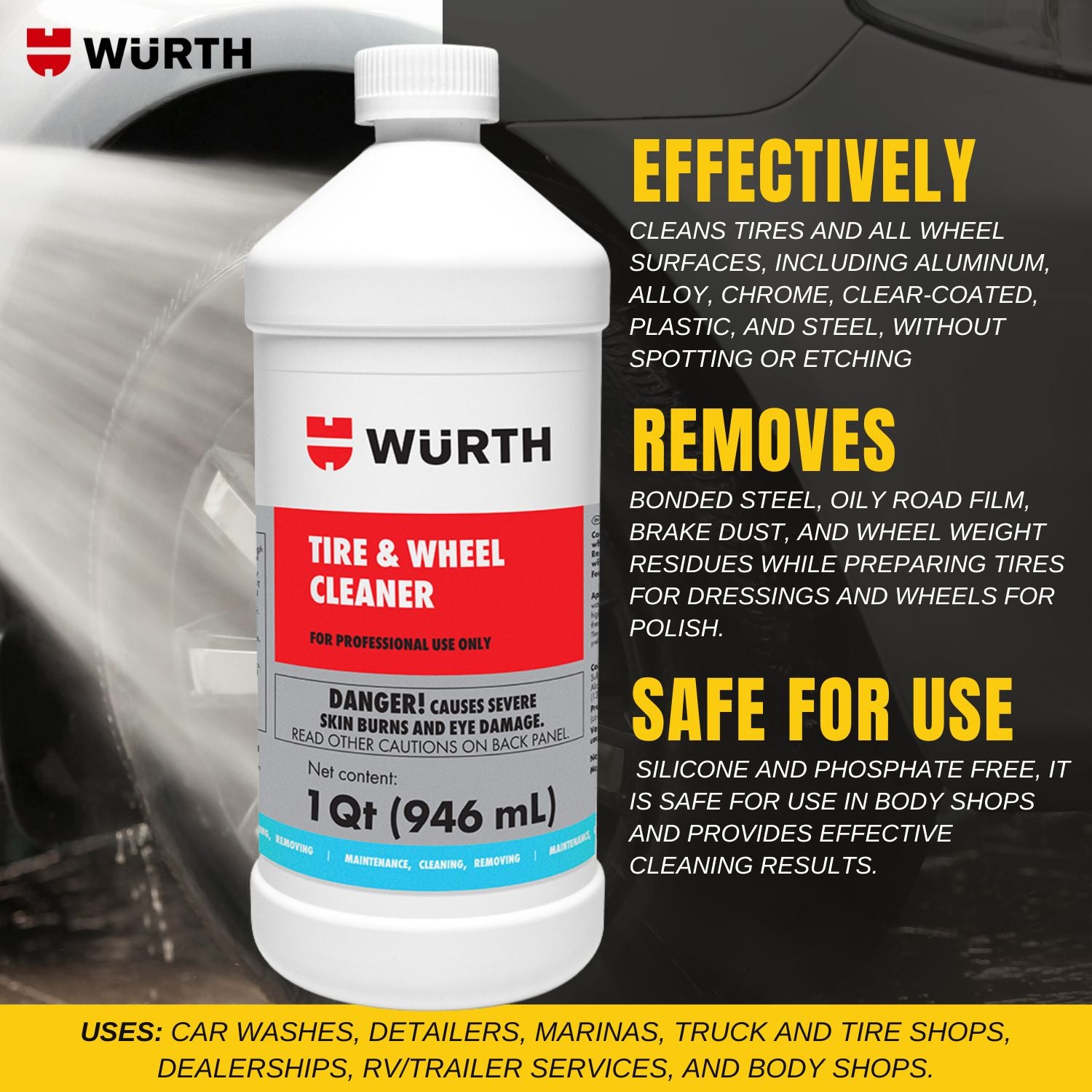 Würth tire and wheel cleaner bottle with product details on a black background