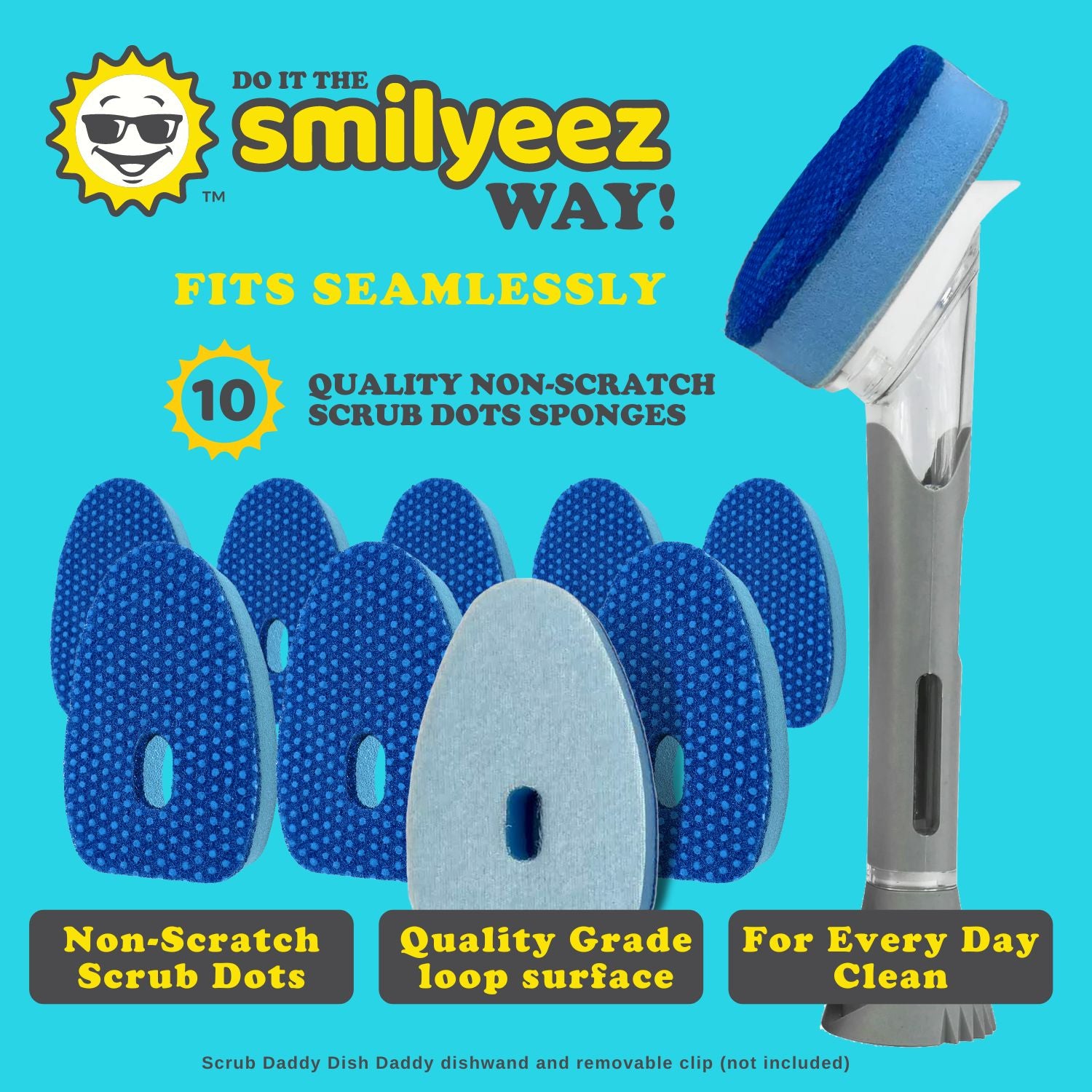 Smilyeez Blue Non-Scratch Dotted Sponge Refill for use with Dish Daddy® – (10 Pack) Dish Daddy Refills – Sponge Replacement Head