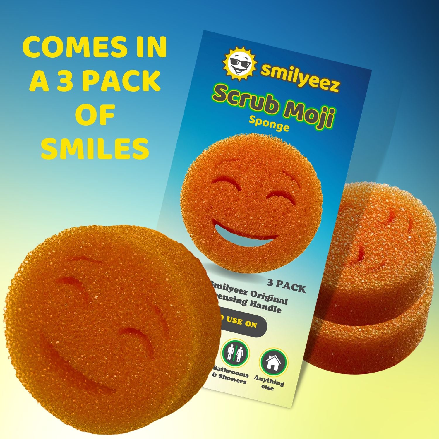 The Original Smiling Handle with Soap Dispensing & 3 Orange Scrub Moji Sponges - Combo
