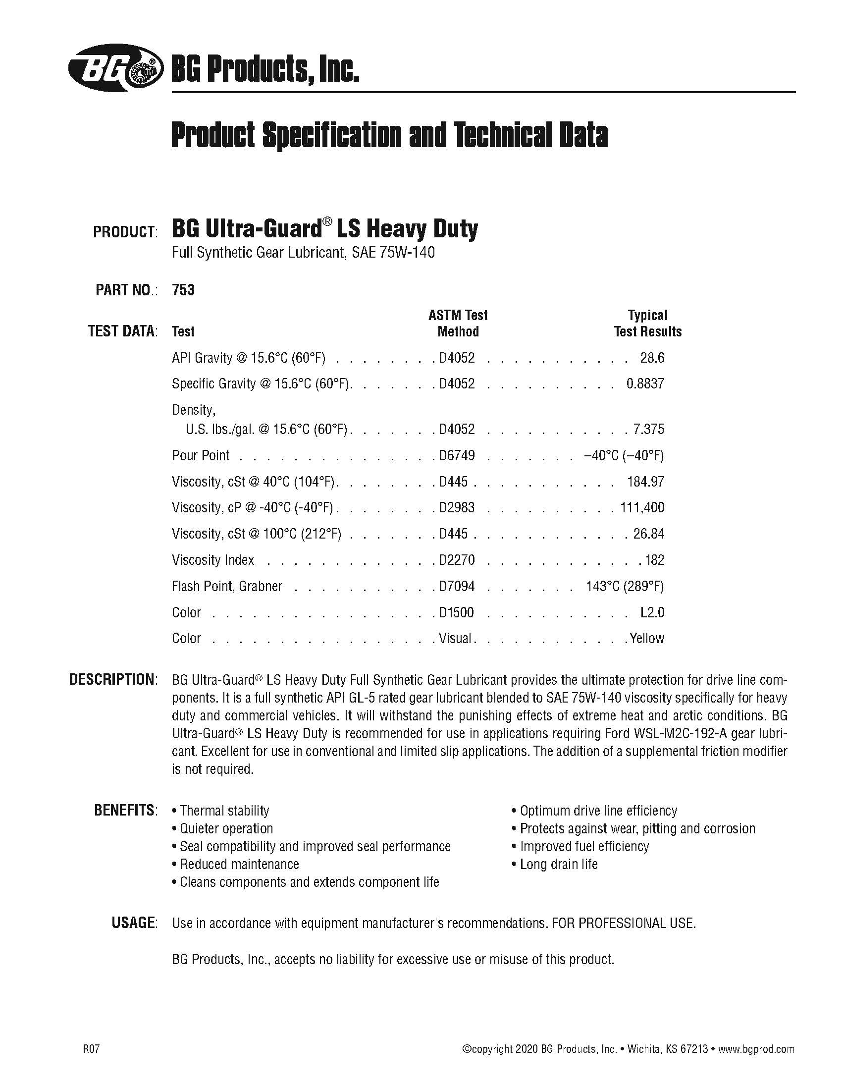 BG Ultra-Guard LS Heavy Duty Gear Lubricant PN 75332 Synthetic SAE 75W-140