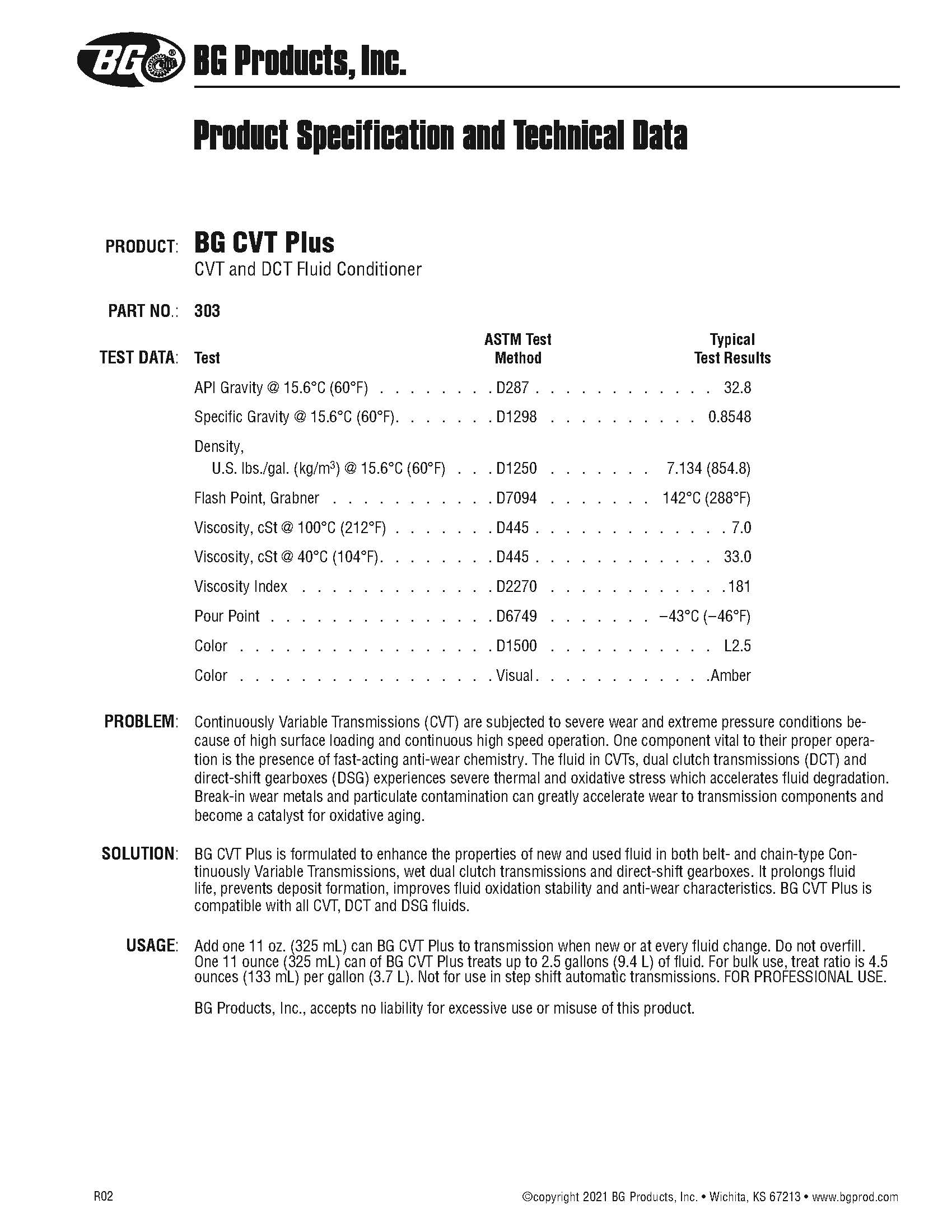 BG CVT Plus CVT and DCT Fluid Conditioner PN 303