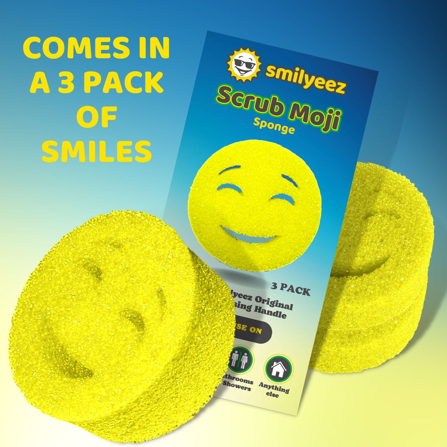 The Original Scrub Moji Scrubbing Sponge by Smilyeez (Set of 3) - Yellow - Temperature-Responsive Polymer Foam, Stain and Odor Resistant, Ideal for Kitchen and Bathroom Cleaning