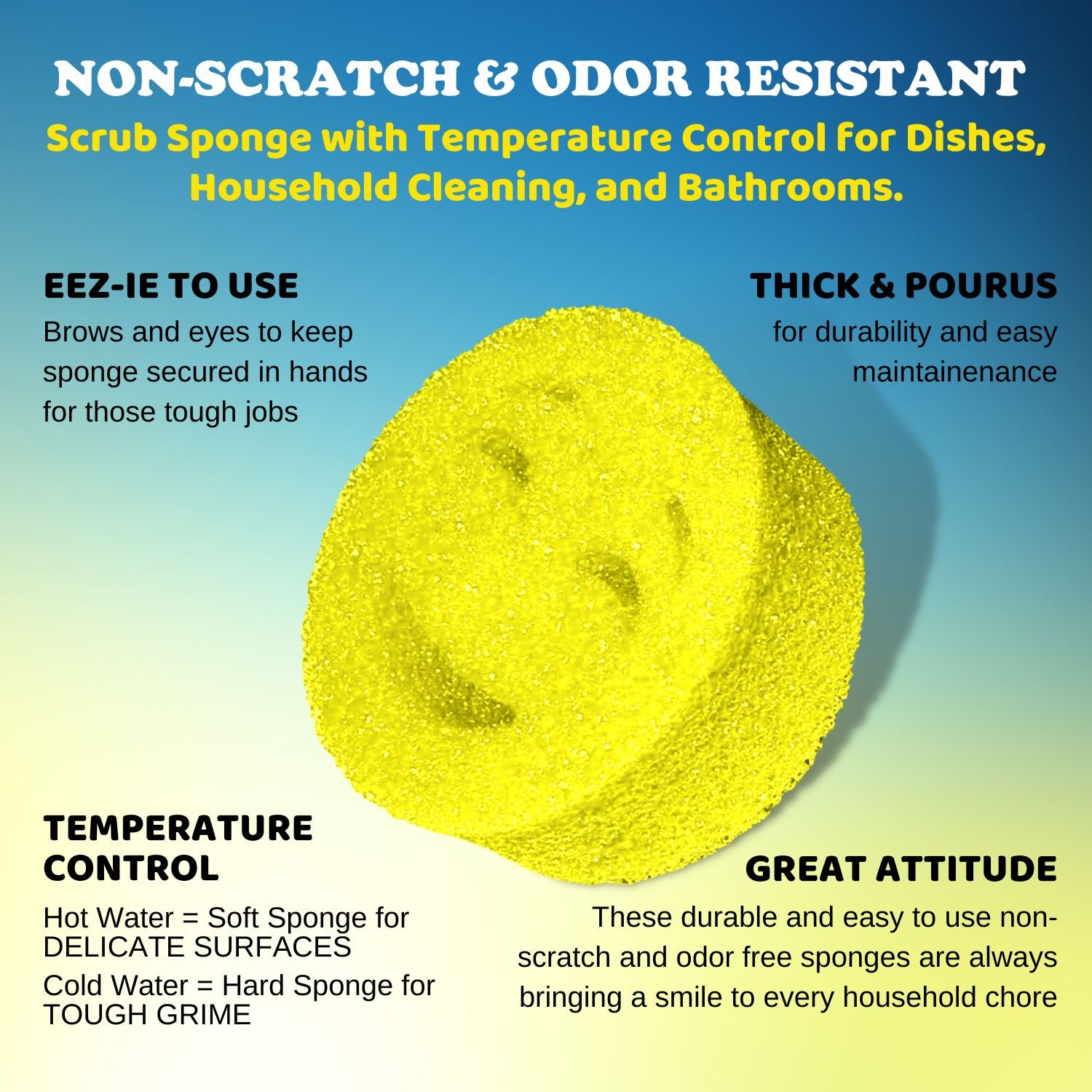 The Original Scrub Moji Scrubbing Sponge by Smilyeez (Set of 3) - Yellow - Temperature-Responsive Polymer Foam, Stain and Odor Resistant, Ideal for Kitchen and Bathroom Cleaning